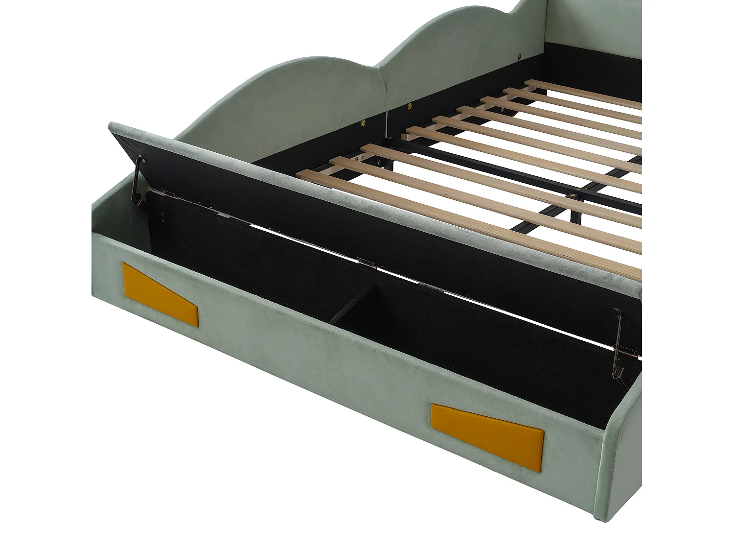 Upholstered bed for children 140x200cm - car design - with reading lights, charging ports and storage spaces - velvet fabric - Green (without mattress)