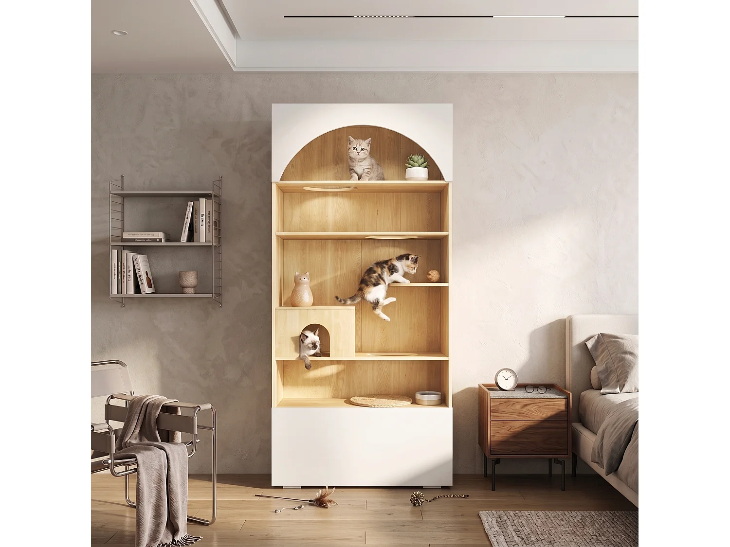 Meuble Multifonction pour Chat 90x200cm Blanc et Bois - Armoire de Rangement avec Parcours d'Escalade, Niche, Plateformes & Compartiments Inférieur