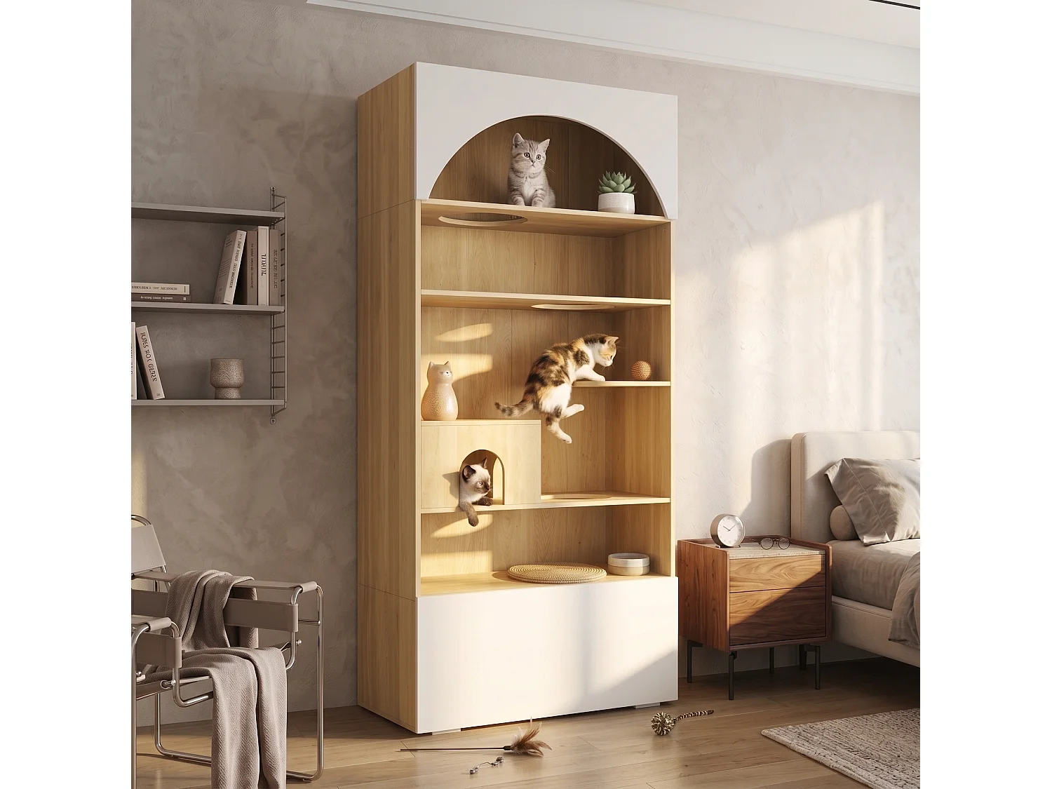 Meuble Multifonction pour Chat 90x200cm Blanc et Bois - Armoire de Rangement avec Parcours d'Escalade, Niche, Plateformes & Compartiments Inférieur