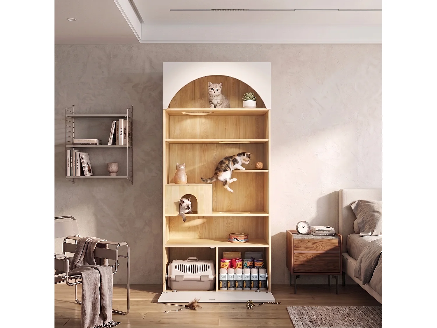 Meuble Multifonction pour Chat 90x200cm Blanc et Bois - Armoire de Rangement avec Parcours d'Escalade, Niche, Plateformes & Compartiments Inférieur