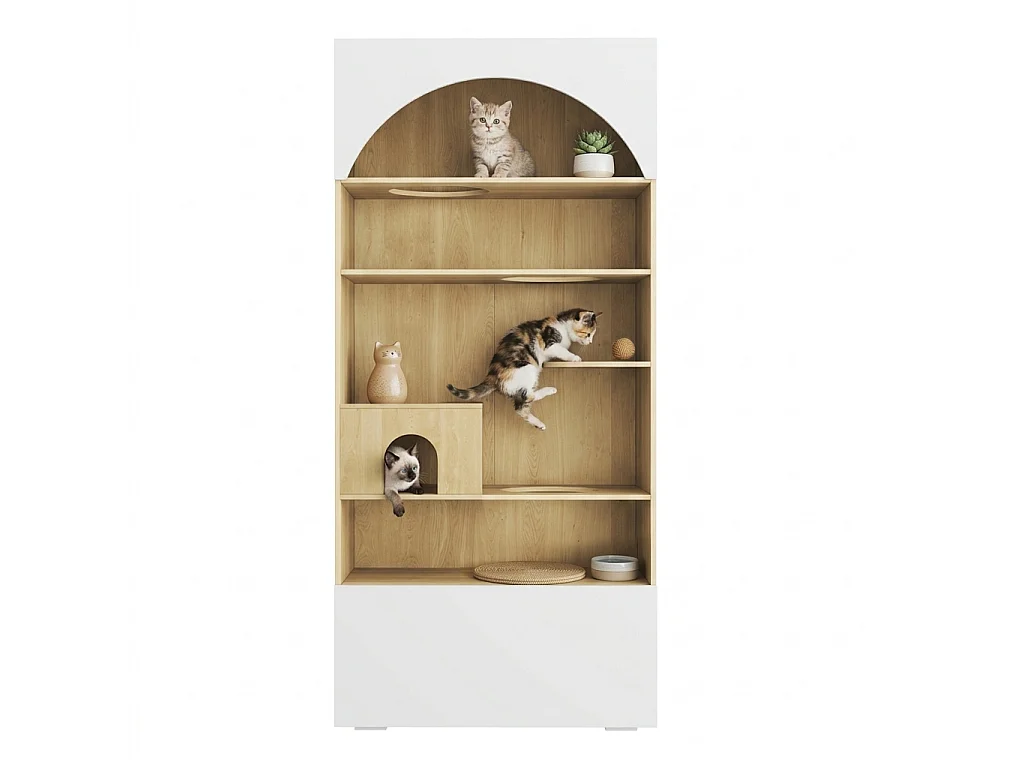 Meuble Multifonction pour Chat 90x200cm Blanc et Bois - Armoire de Rangement avec Parcours d'Escalade, Niche, Plateformes & Compartiments Inférieur