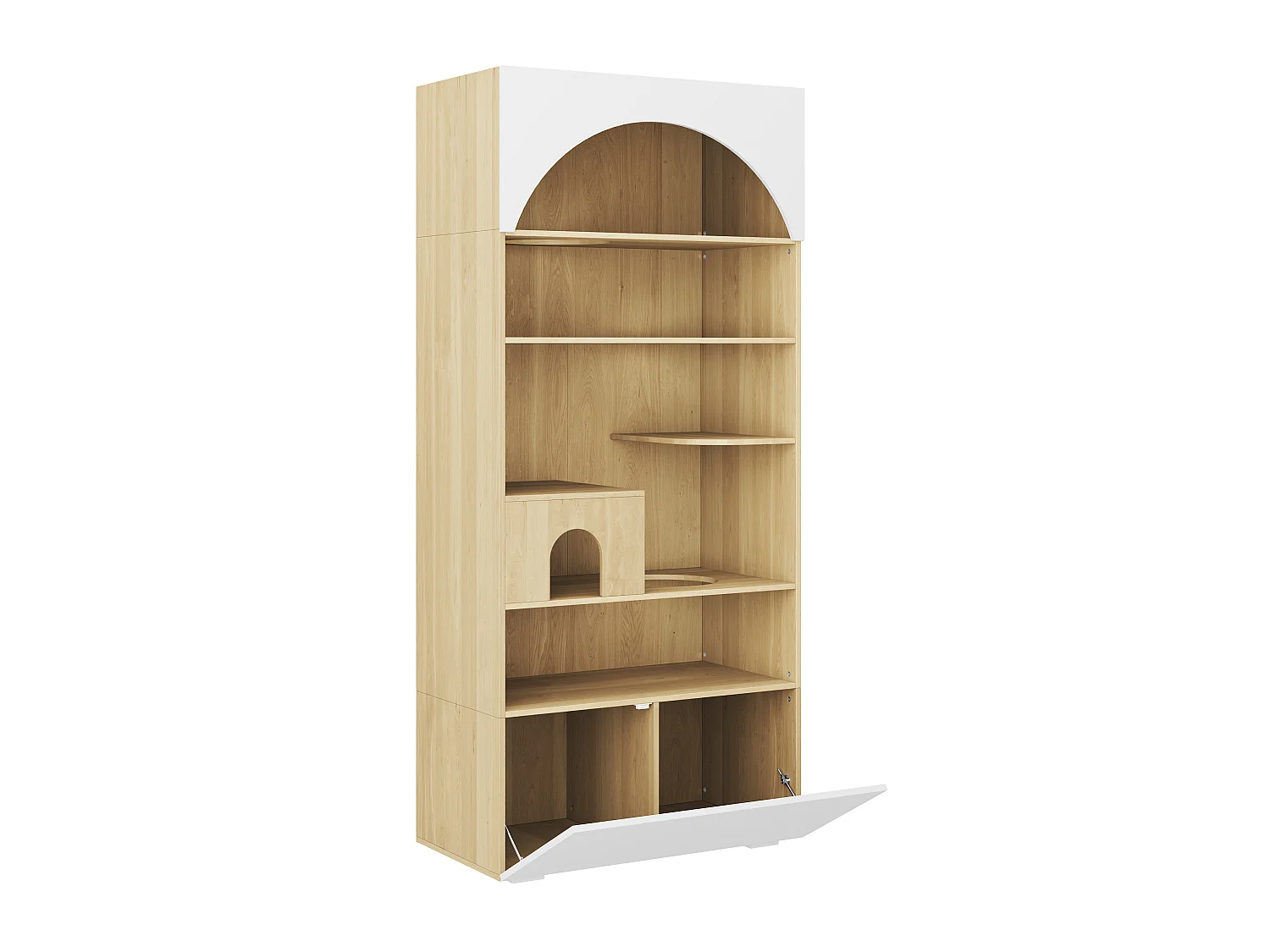 Meuble Multifonction pour Chat 90x200cm Blanc et Bois - Armoire de Rangement avec Parcours d'Escalade, Niche, Plateformes & Compartiments Inférieur