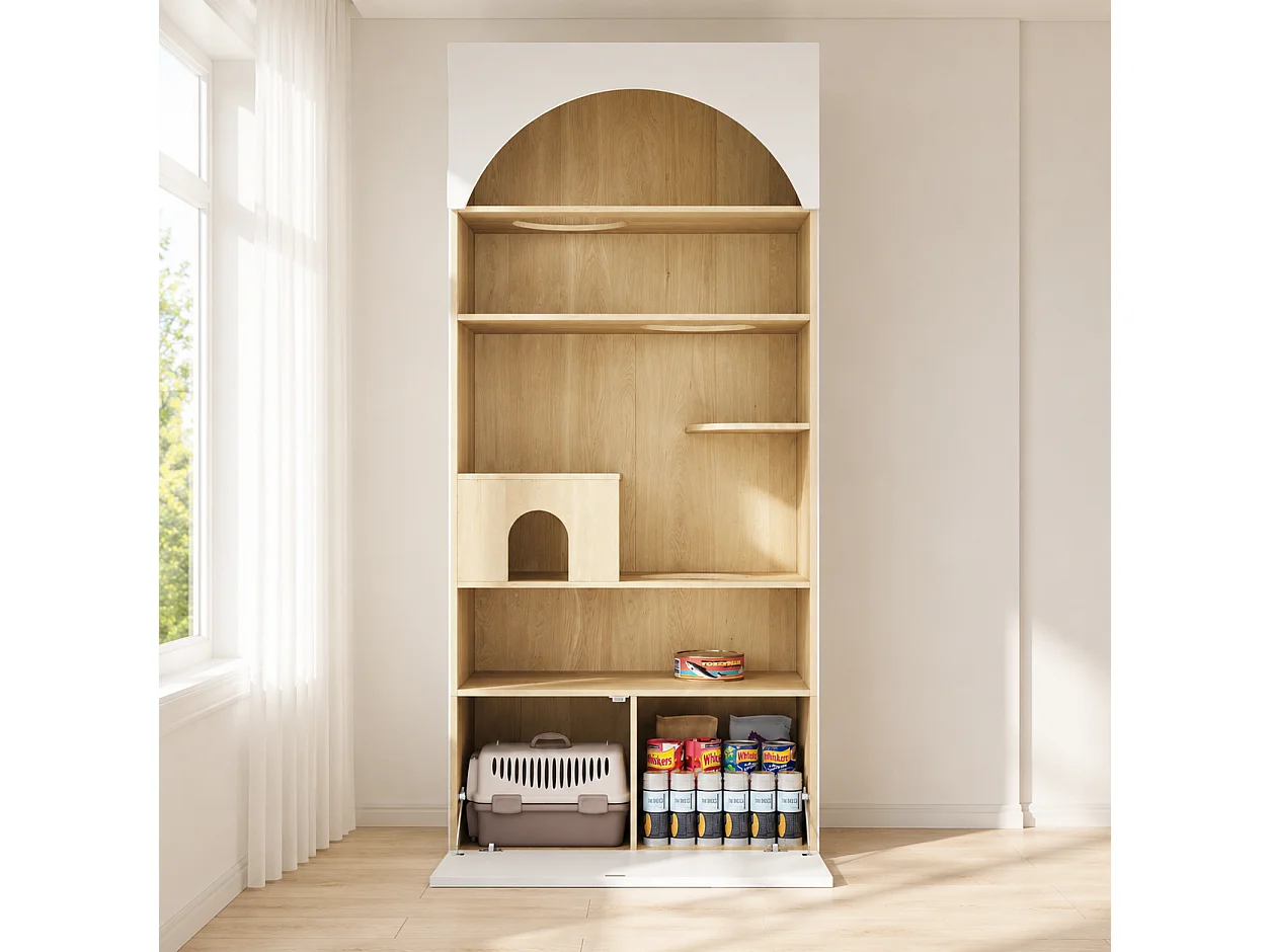 Meuble Multifonction pour Chat 90x200cm Blanc et Bois - Armoire de Rangement avec Parcours d'Escalade, Niche, Plateformes & Compartiments Inférieur