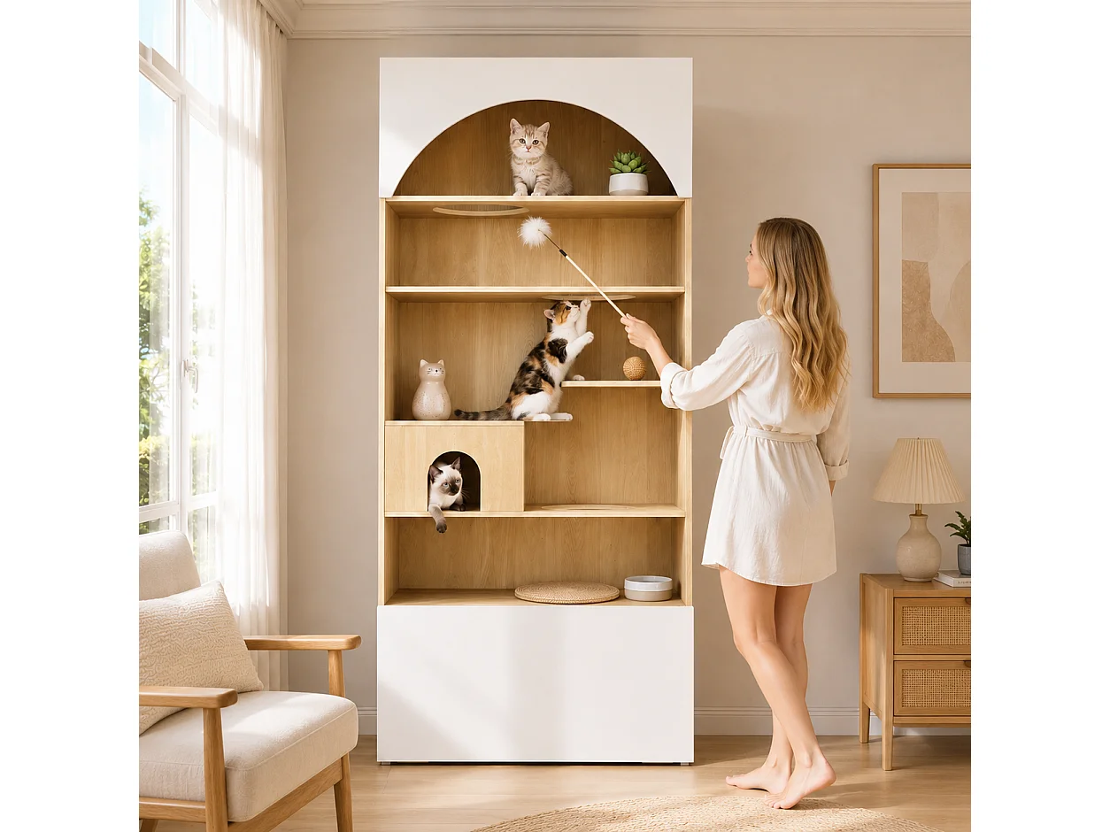 Meuble Multifonction pour Chat 90x200cm Blanc et Bois - Armoire de Rangement avec Parcours d'Escalade, Niche, Plateformes & Compartiments Inférieur