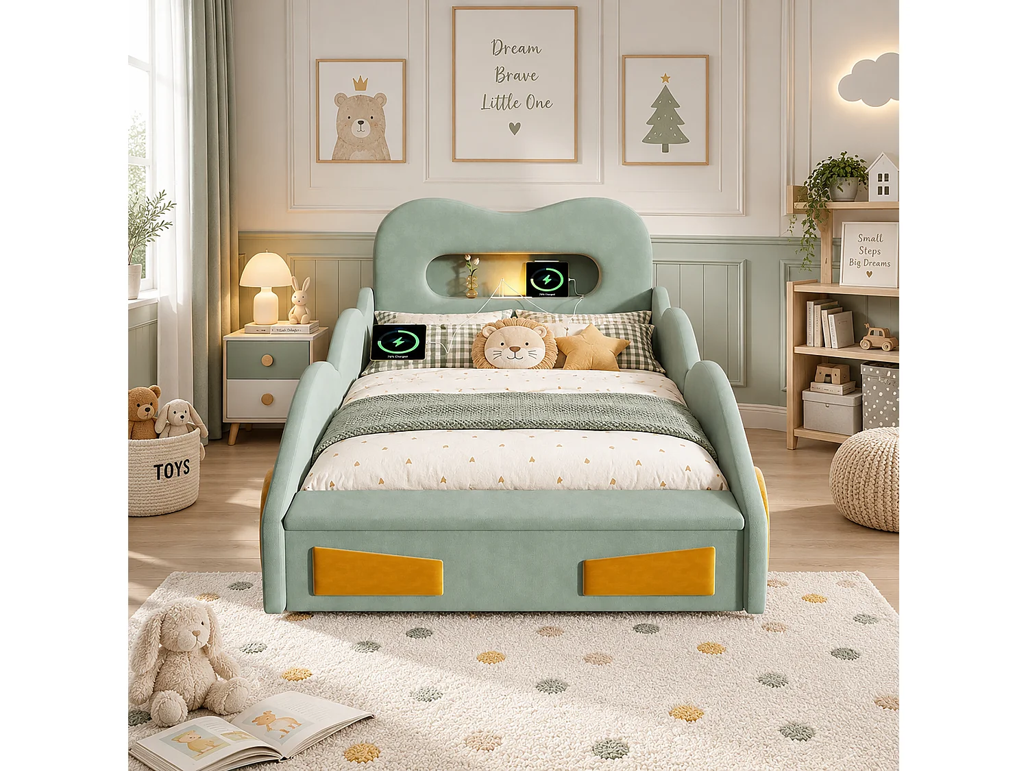 Upholstered bed for children 90x200cm - car design - with reading lights, charging ports and storage spaces - velvet fabric - Green (without mattress)