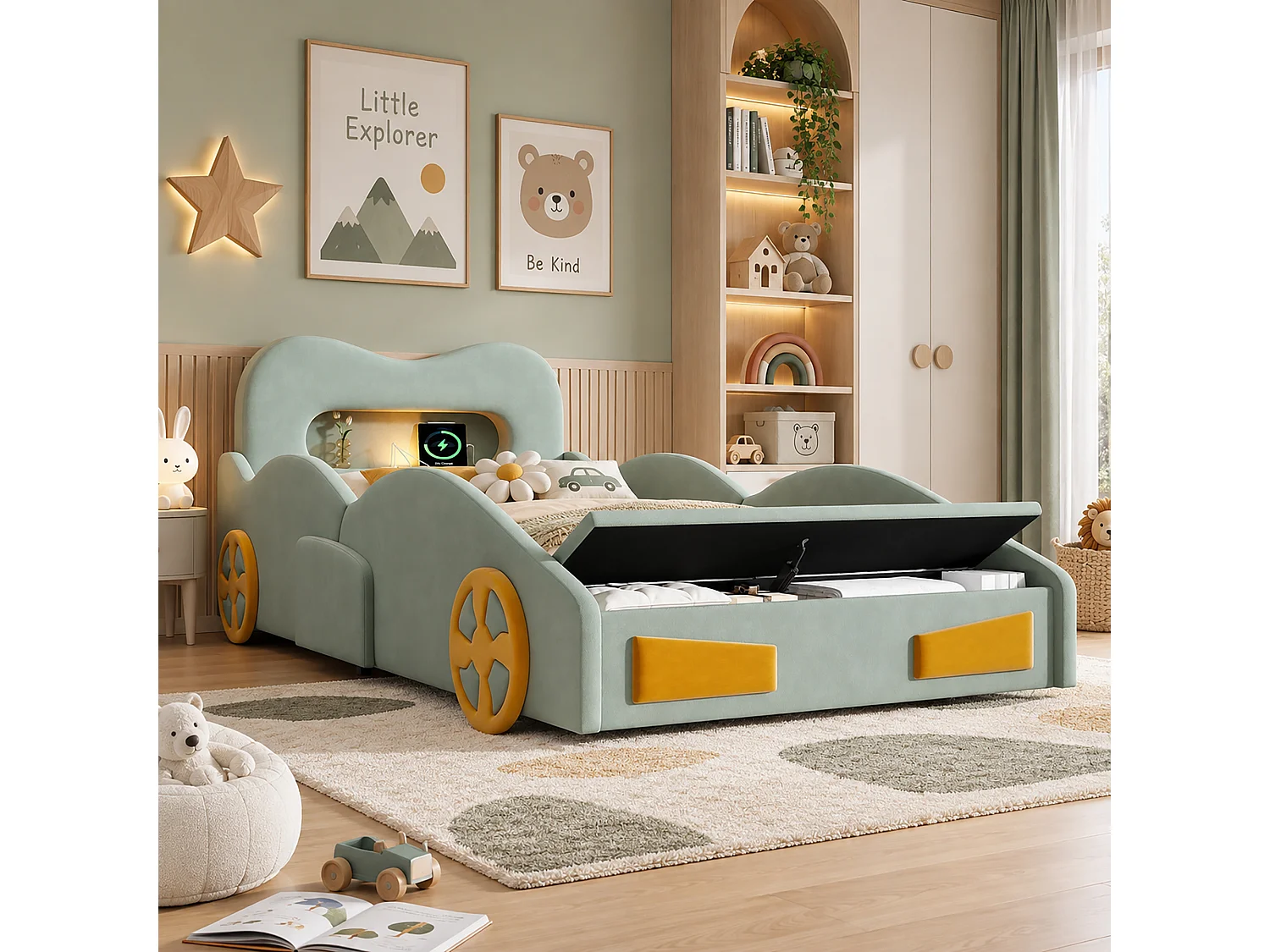 Upholstered bed for children 90x200cm - car design - with reading lights, charging ports and storage spaces - velvet fabric - Green (without mattress)