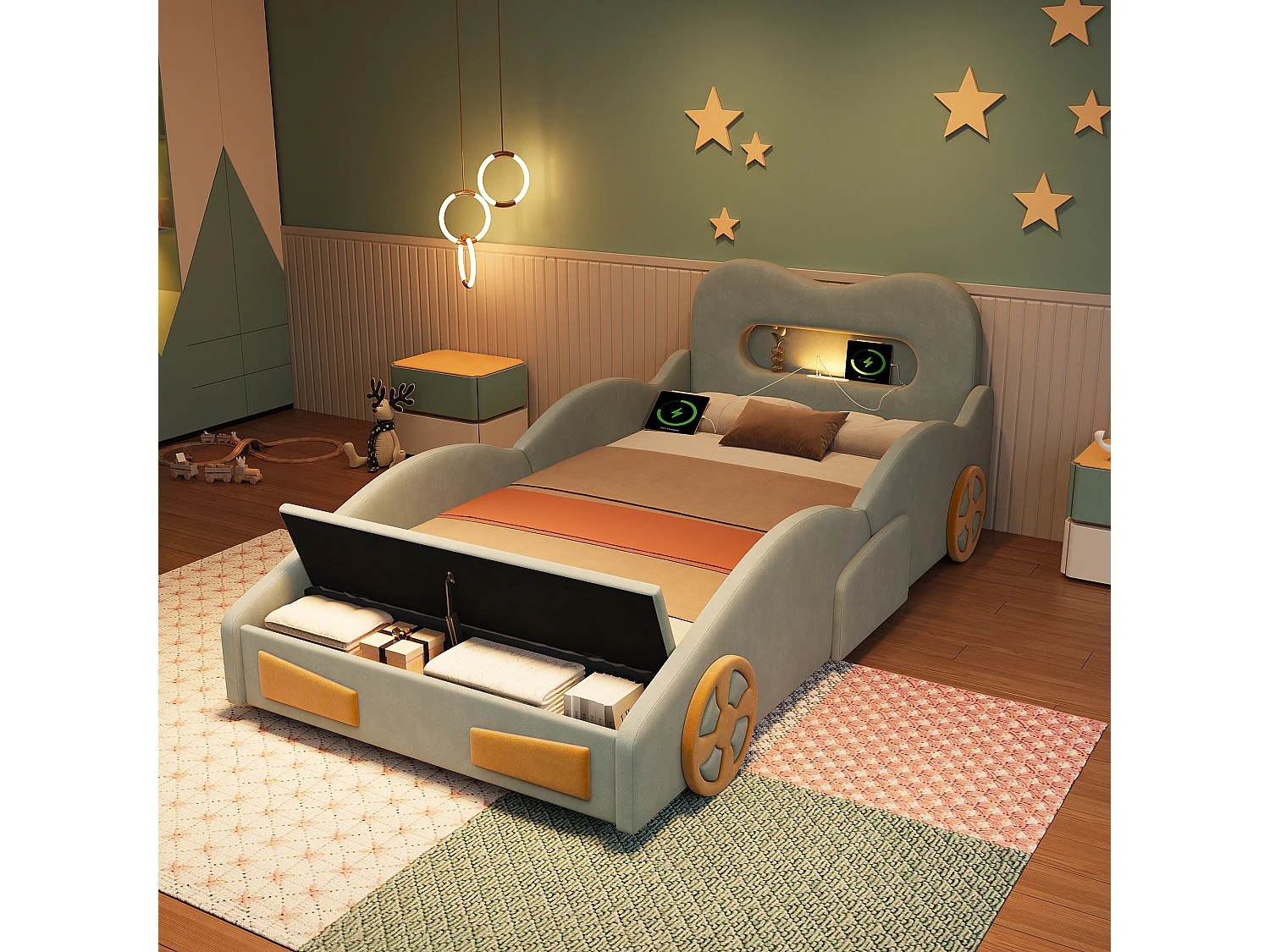 Upholstered bed for children 90x200cm - car design - with reading lights, charging ports and storage spaces - velvet fabric - Green (without mattress)