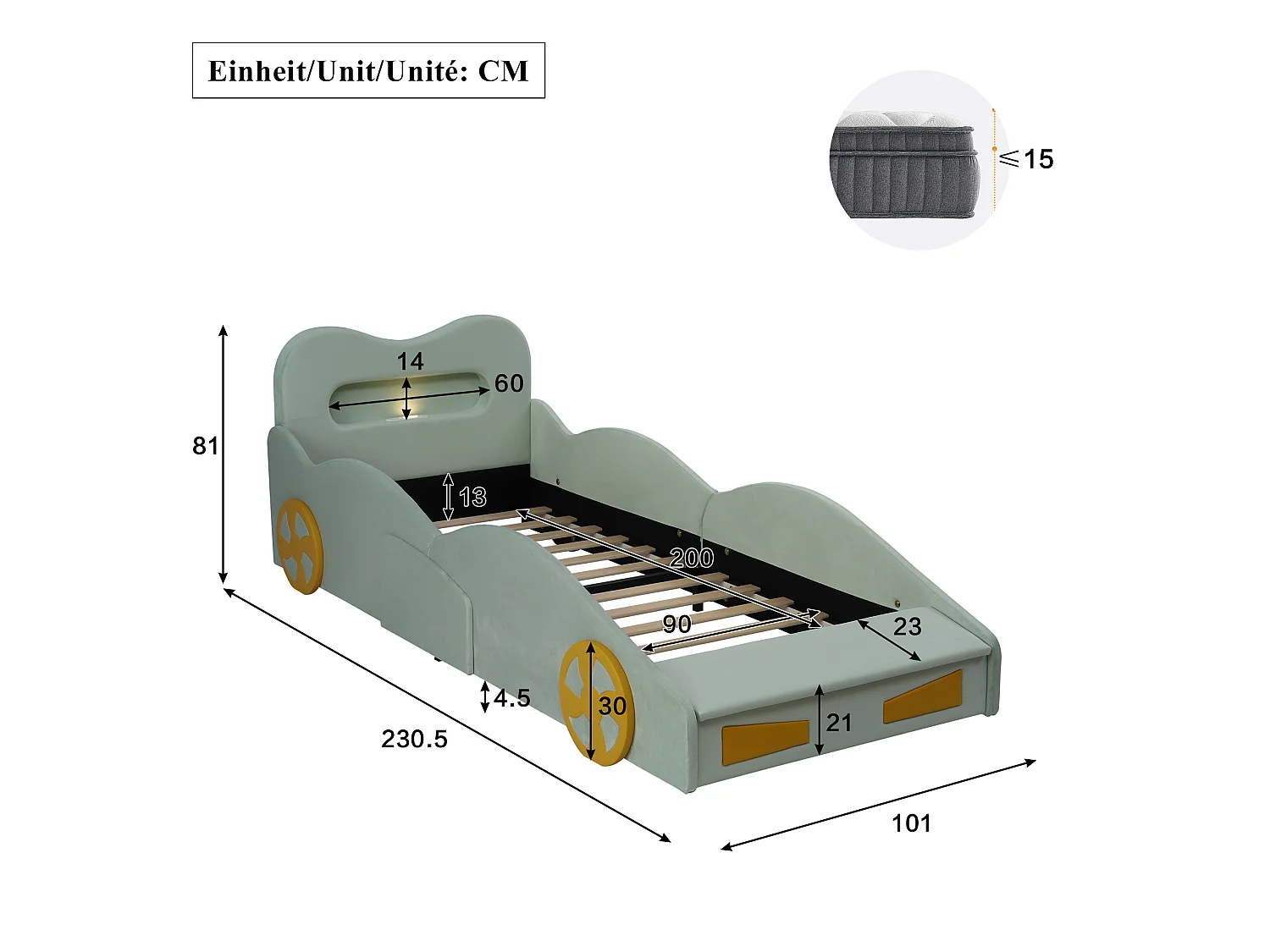 Upholstered bed for children 90x200cm - car design - with reading lights, charging ports and storage spaces - velvet fabric - Green (without mattress)