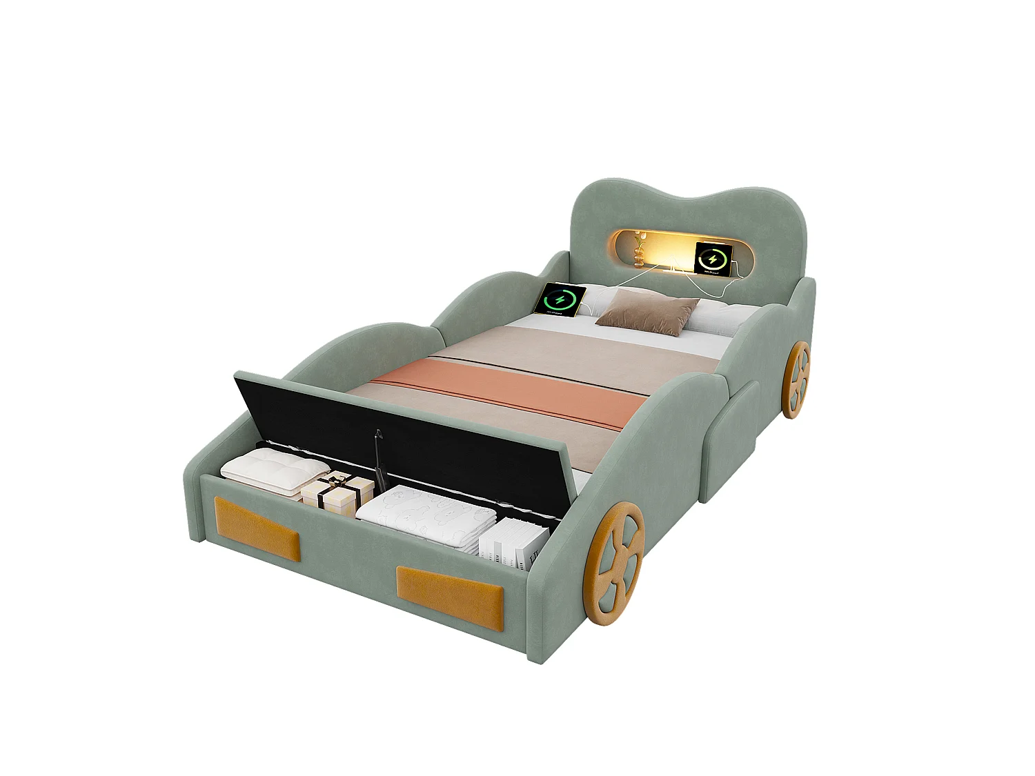 Upholstered bed for children 90x200cm - car design - with reading lights, charging ports and storage spaces - velvet fabric - Green (without mattress)
