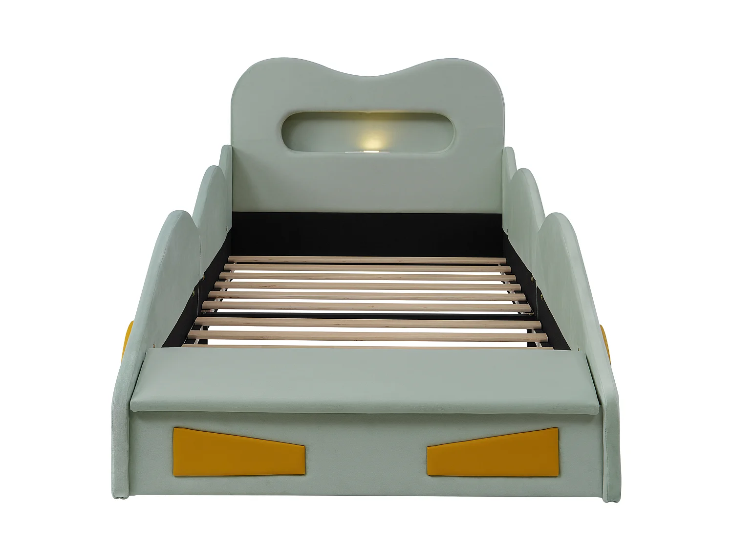 Upholstered bed for children 90x200cm - car design - with reading lights, charging ports and storage spaces - velvet fabric - Green (without mattress)