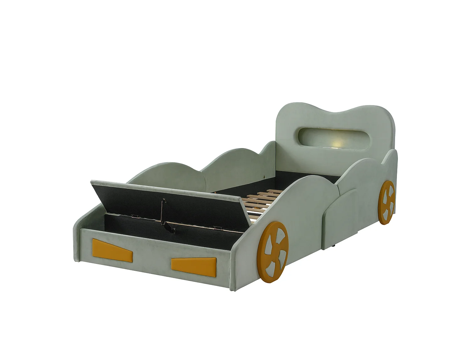 Upholstered bed for children 90x200cm - car design - with reading lights, charging ports and storage spaces - velvet fabric - Green (without mattress)