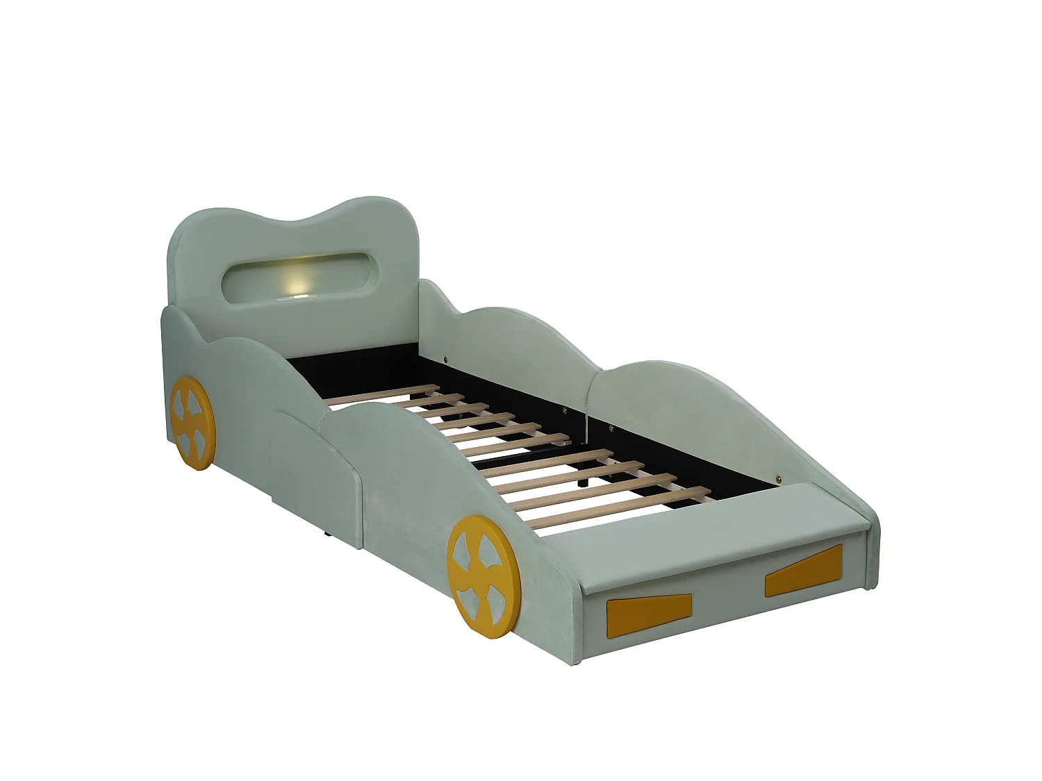 Upholstered bed for children 90x200cm - car design - with reading lights, charging ports and storage spaces - velvet fabric - Green (without mattress)