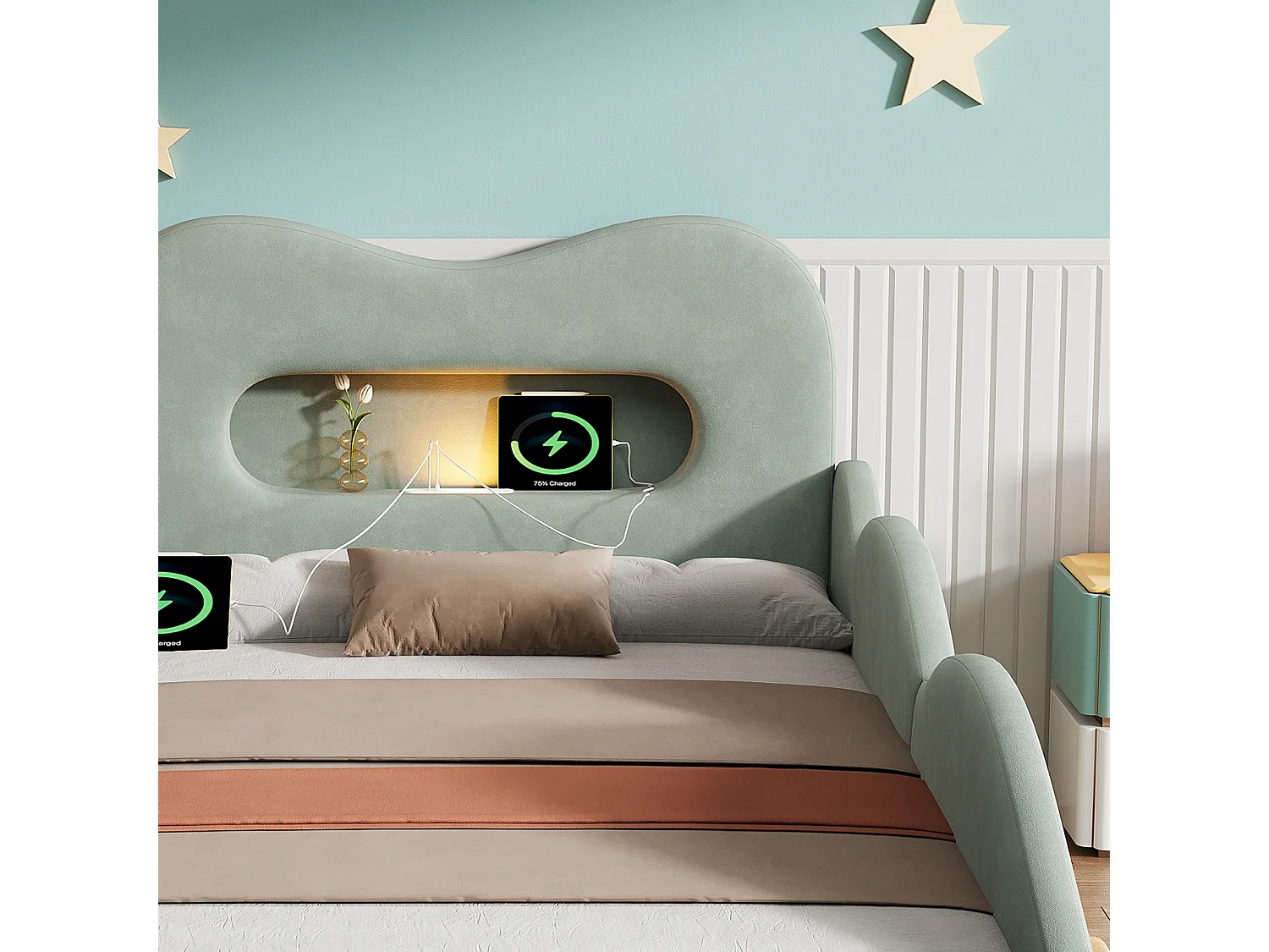 Upholstered bed for children 90x200cm - car design - with reading lights, charging ports and storage spaces - velvet fabric - Green (without mattress)