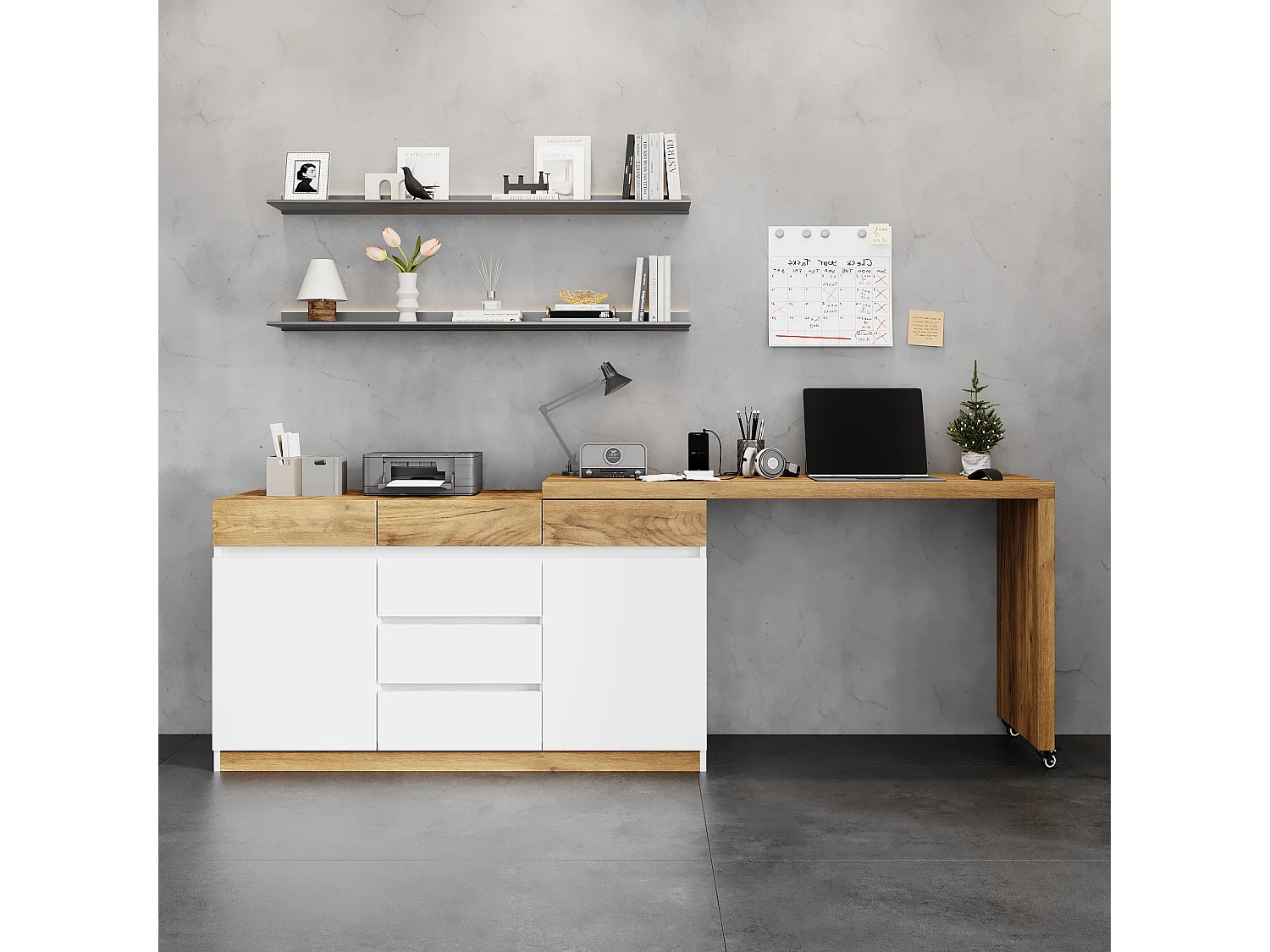 Bureau extensible avec roulettes - Plateau rotatif de 4 cm et dispositif de sécurité - 6 tiroirs et 2 portes - blanc+naturel