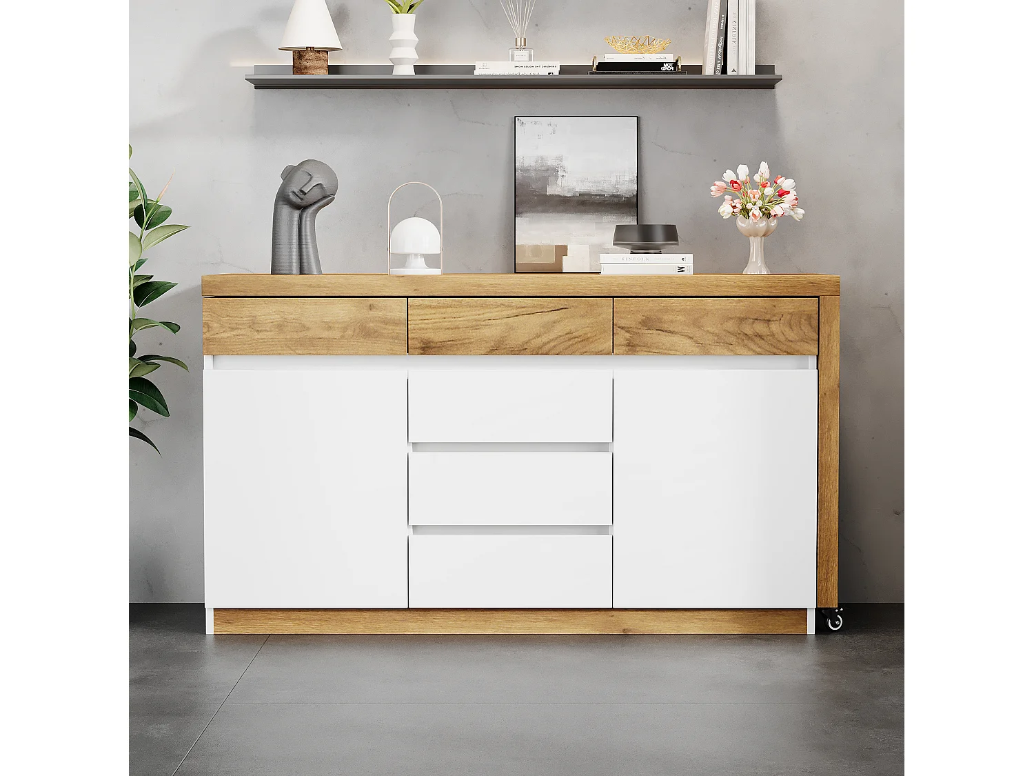 Bureau extensible avec roulettes - Plateau rotatif de 4 cm et dispositif de sécurité - 6 tiroirs et 2 portes - blanc+naturel