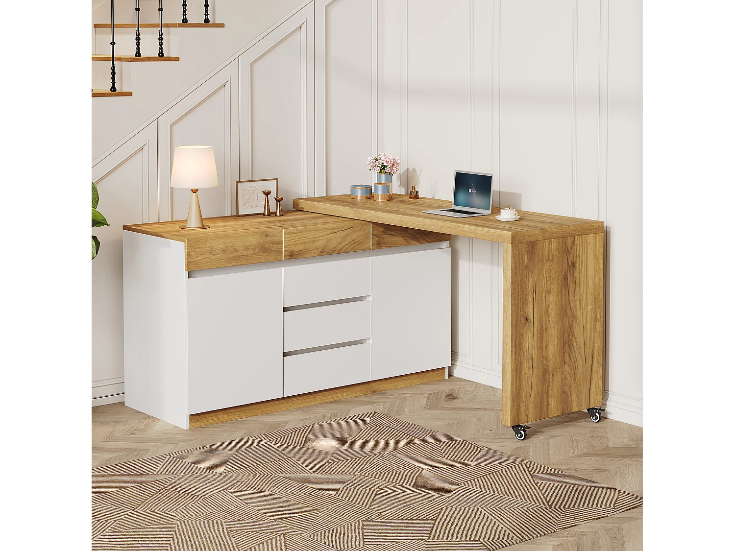 Bureau extensible avec roulettes - Plateau rotatif de 4 cm et dispositif de sécurité - 6 tiroirs et 2 portes - blanc+naturel
