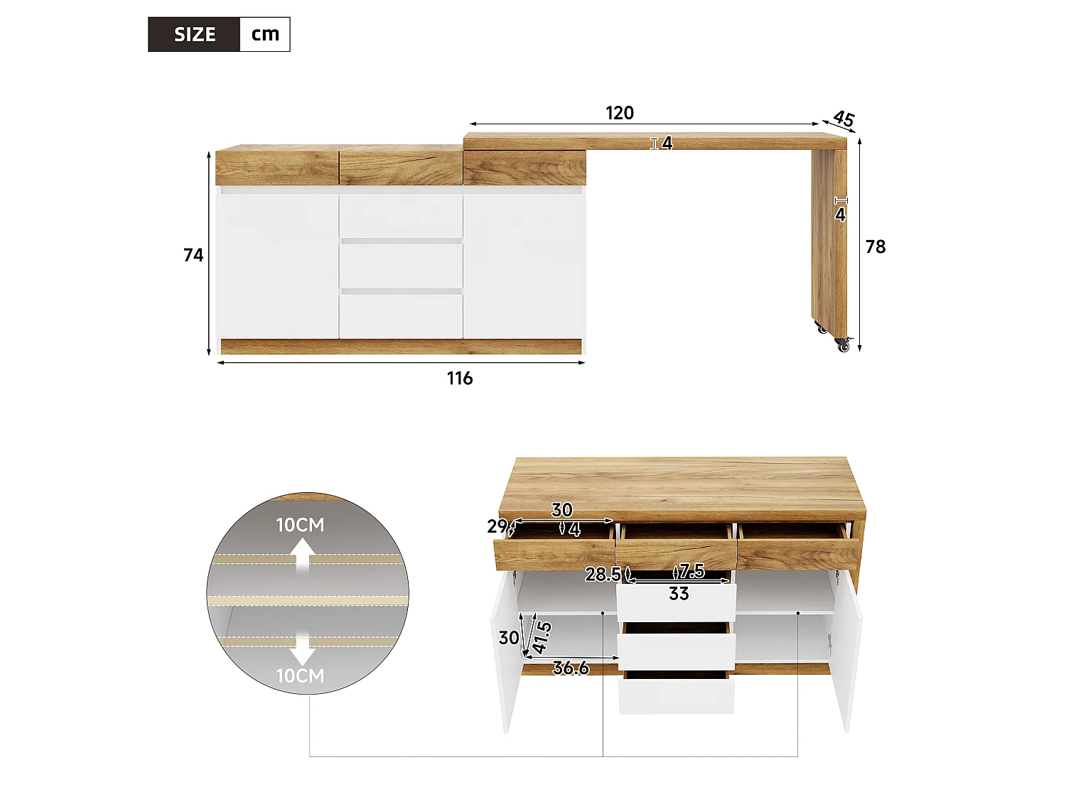 Bureau extensible avec roulettes - Plateau rotatif de 4 cm et dispositif de sécurité - 6 tiroirs et 2 portes - blanc+naturel