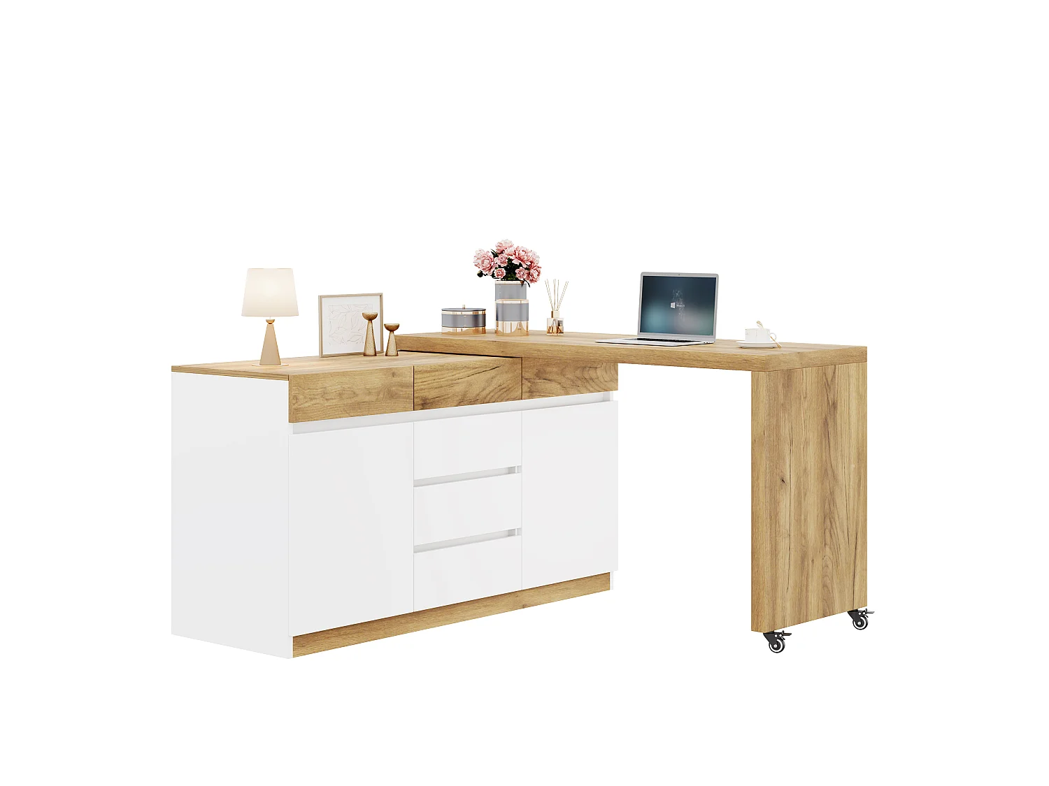 Bureau extensible avec roulettes - Plateau rotatif de 4 cm et dispositif de sécurité - 6 tiroirs et 2 portes - blanc+naturel