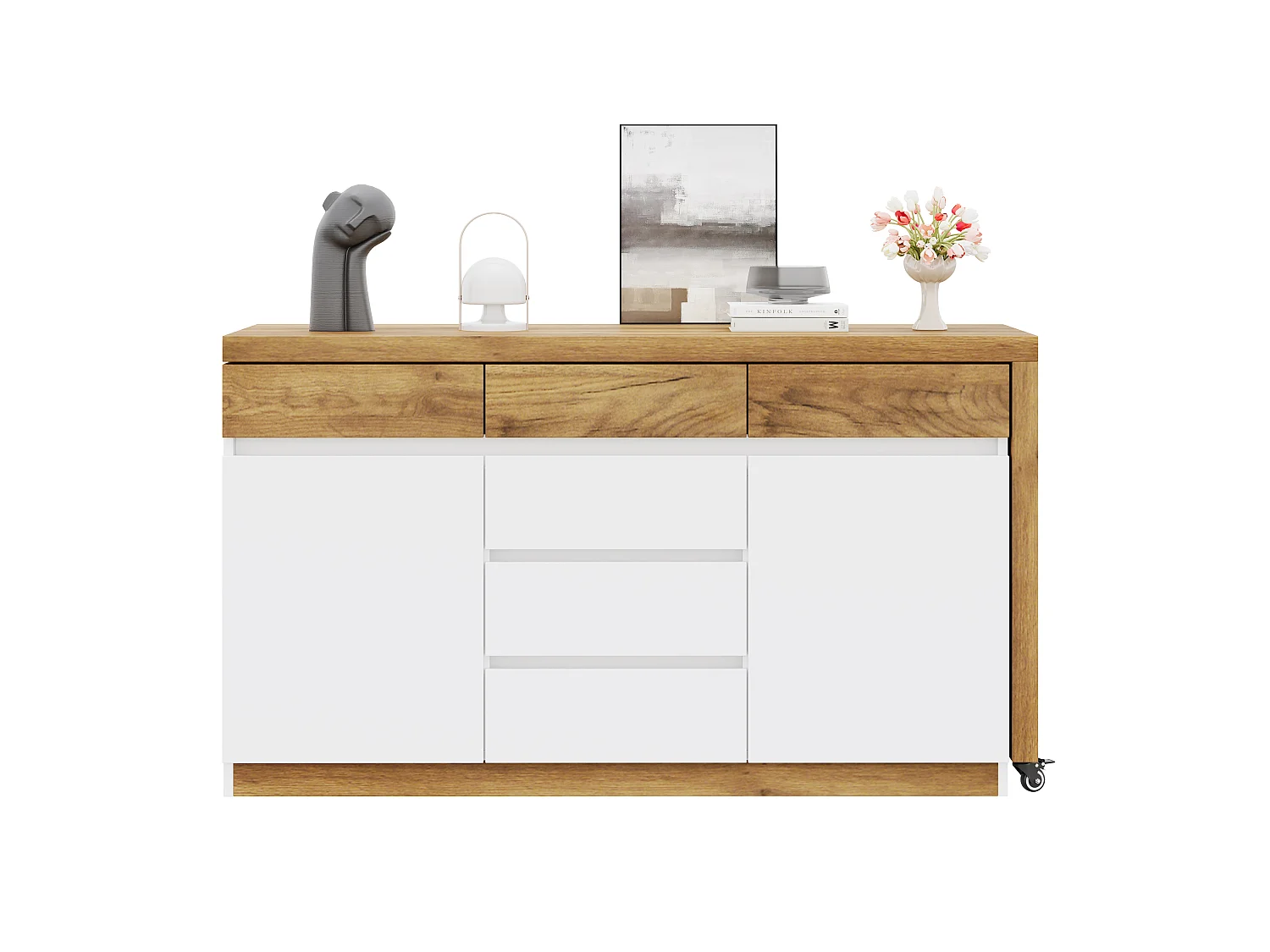 Bureau extensible avec roulettes - Plateau rotatif de 4 cm et dispositif de sécurité - 6 tiroirs et 2 portes - blanc+naturel