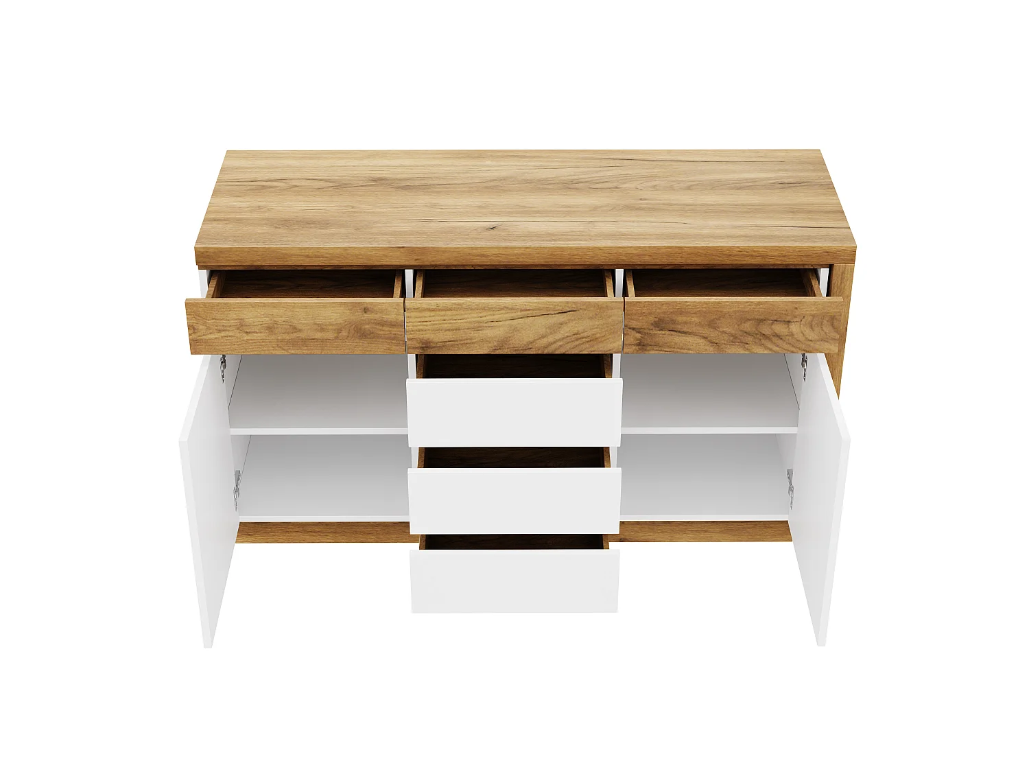 Bureau extensible avec roulettes - Plateau rotatif de 4 cm et dispositif de sécurité - 6 tiroirs et 2 portes - blanc+naturel