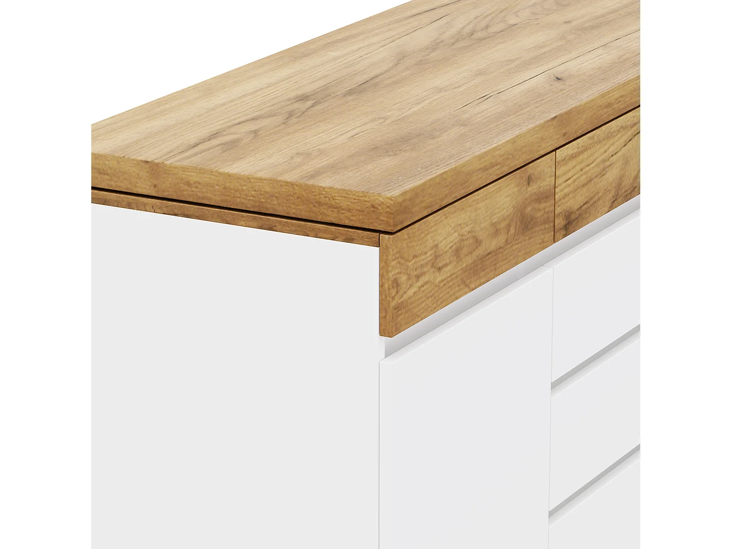 Bureau extensible avec roulettes - Plateau rotatif de 4 cm et dispositif de sécurité - 6 tiroirs et 2 portes - blanc+naturel