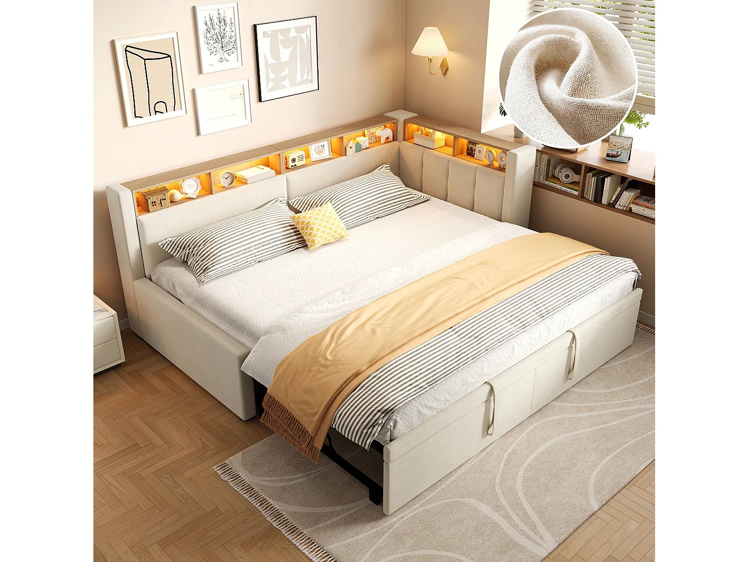 Udtrækkelig udtræksseng 90/180 x 200 cm med LED-belysning og opbevaring – Hør og MDF – Beige (Madras medfølger ikke)