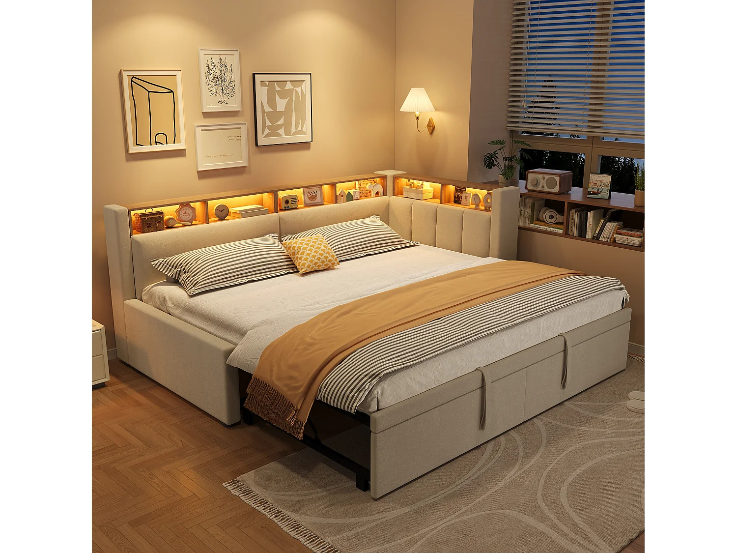 Udtrækkelig udtræksseng 90/180 x 200 cm med LED-belysning og opbevaring – Hør og MDF – Beige (Madras medfølger ikke)