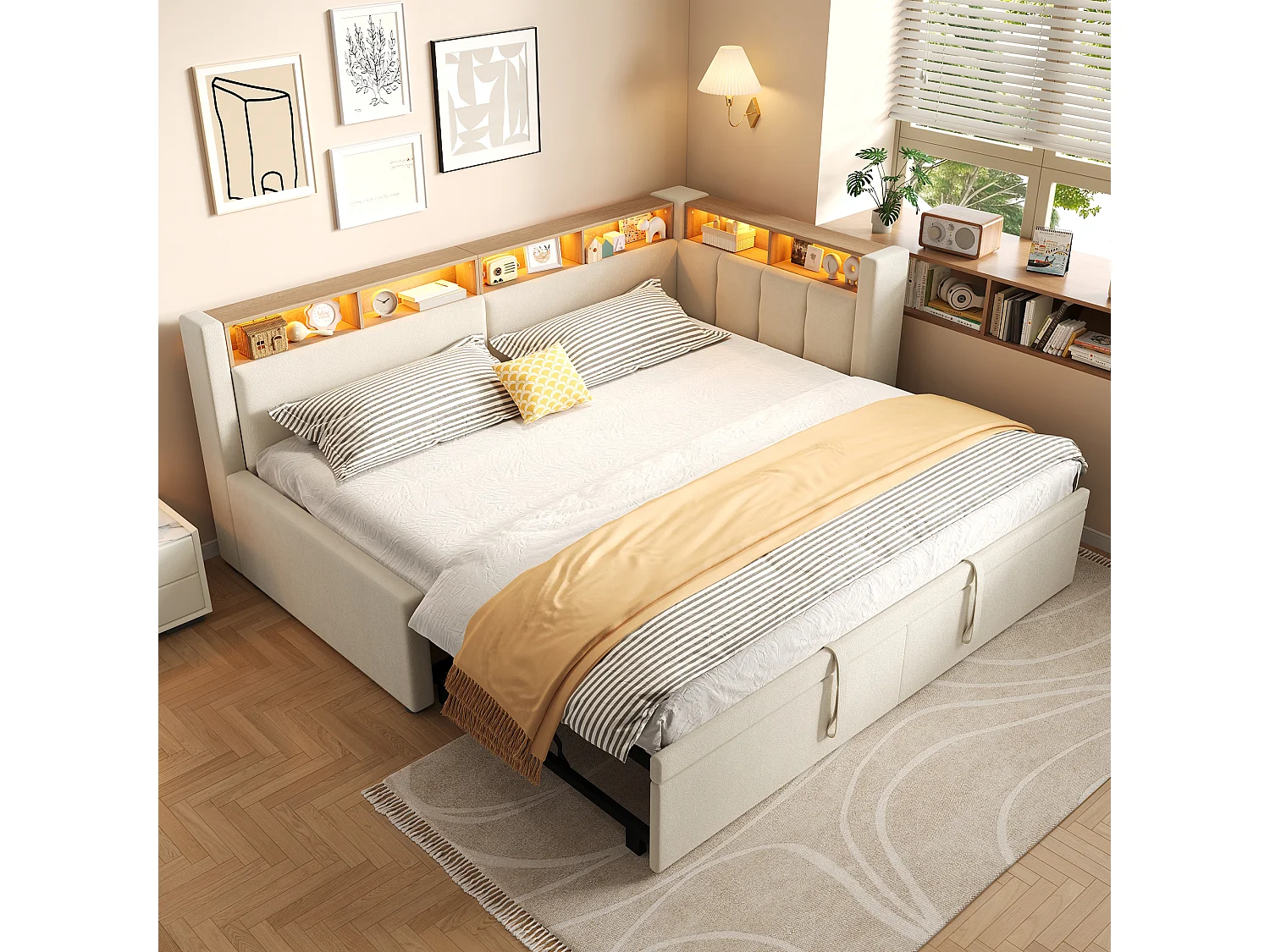 Udtrækkelig udtræksseng 90/180 x 200 cm med LED-belysning og opbevaring – Hør og MDF – Beige (Madras medfølger ikke)