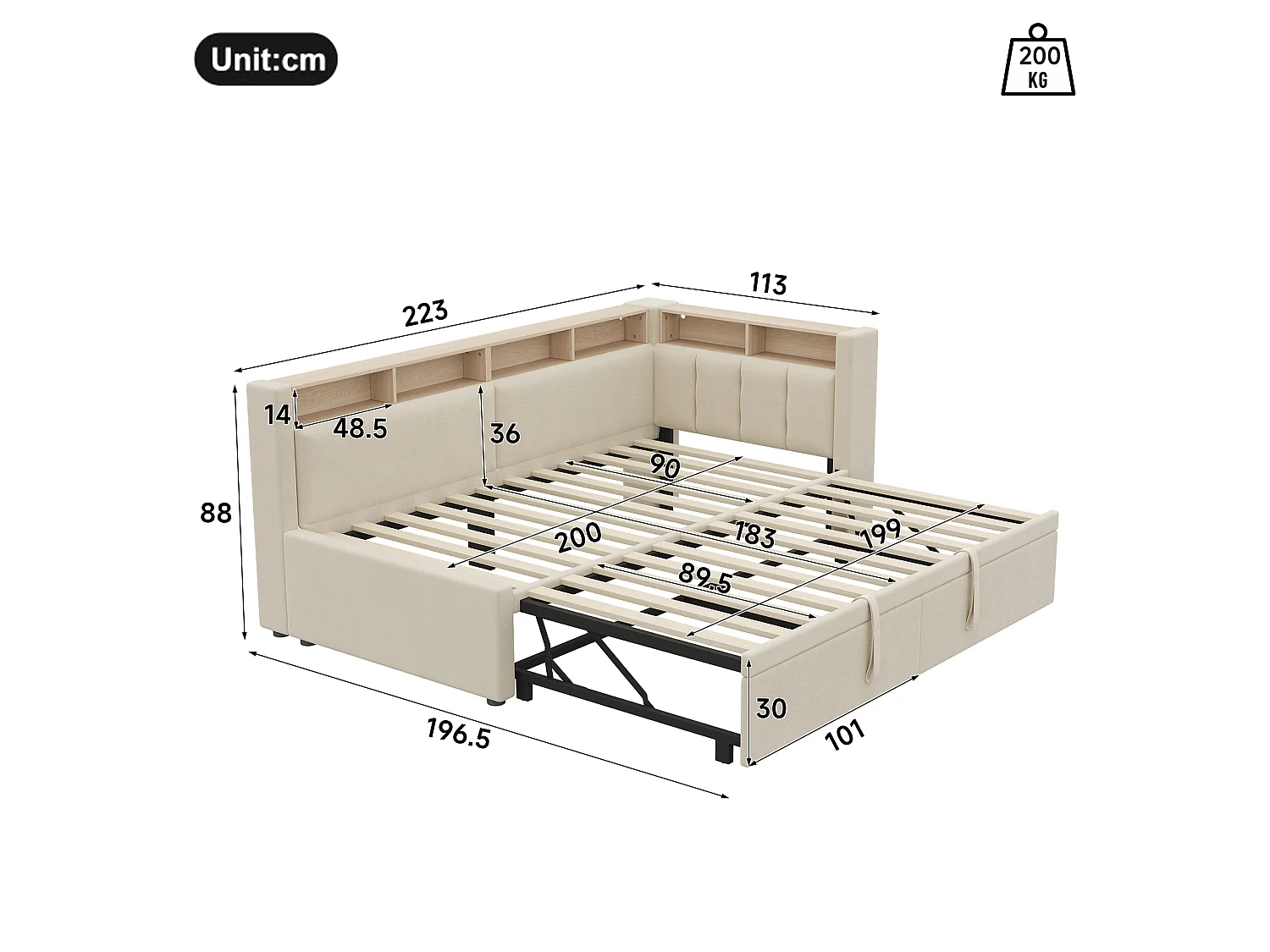 Udtrækkelig udtræksseng 90/180 x 200 cm med LED-belysning og opbevaring – Hør og MDF – Beige (Madras medfølger ikke)