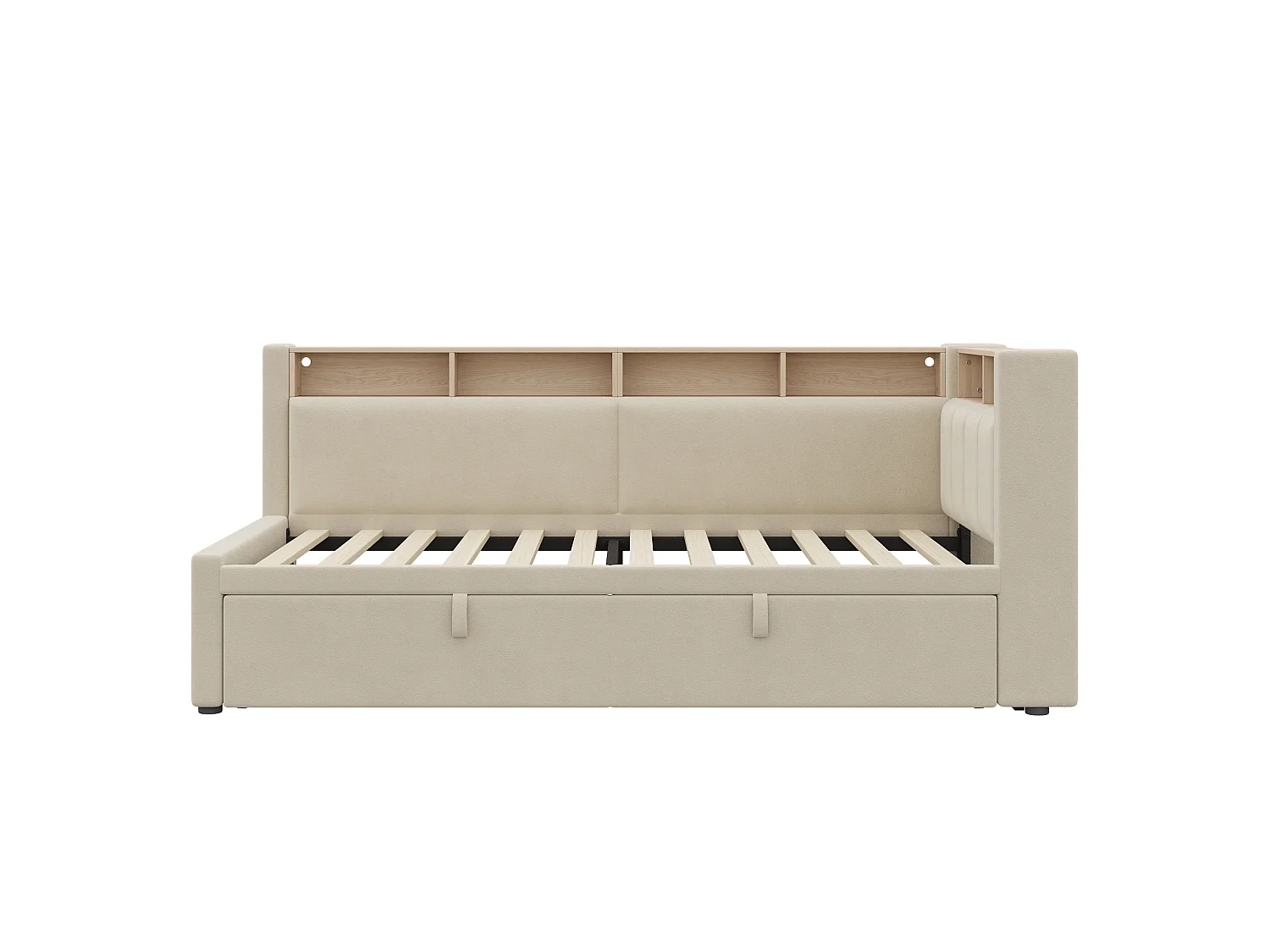 Udtrækkelig udtræksseng 90/180 x 200 cm med LED-belysning og opbevaring – Hør og MDF – Beige (Madras medfølger ikke)