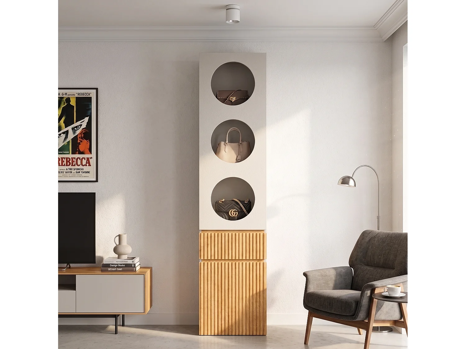Schmaler Schrank Säule 45x200cm in Hell Eiche - Modernes Aufbewahrungsmöbel mit 2 Türen, Rillen & 1 Schublade, Skandinavischer Stil - Hell Eiche