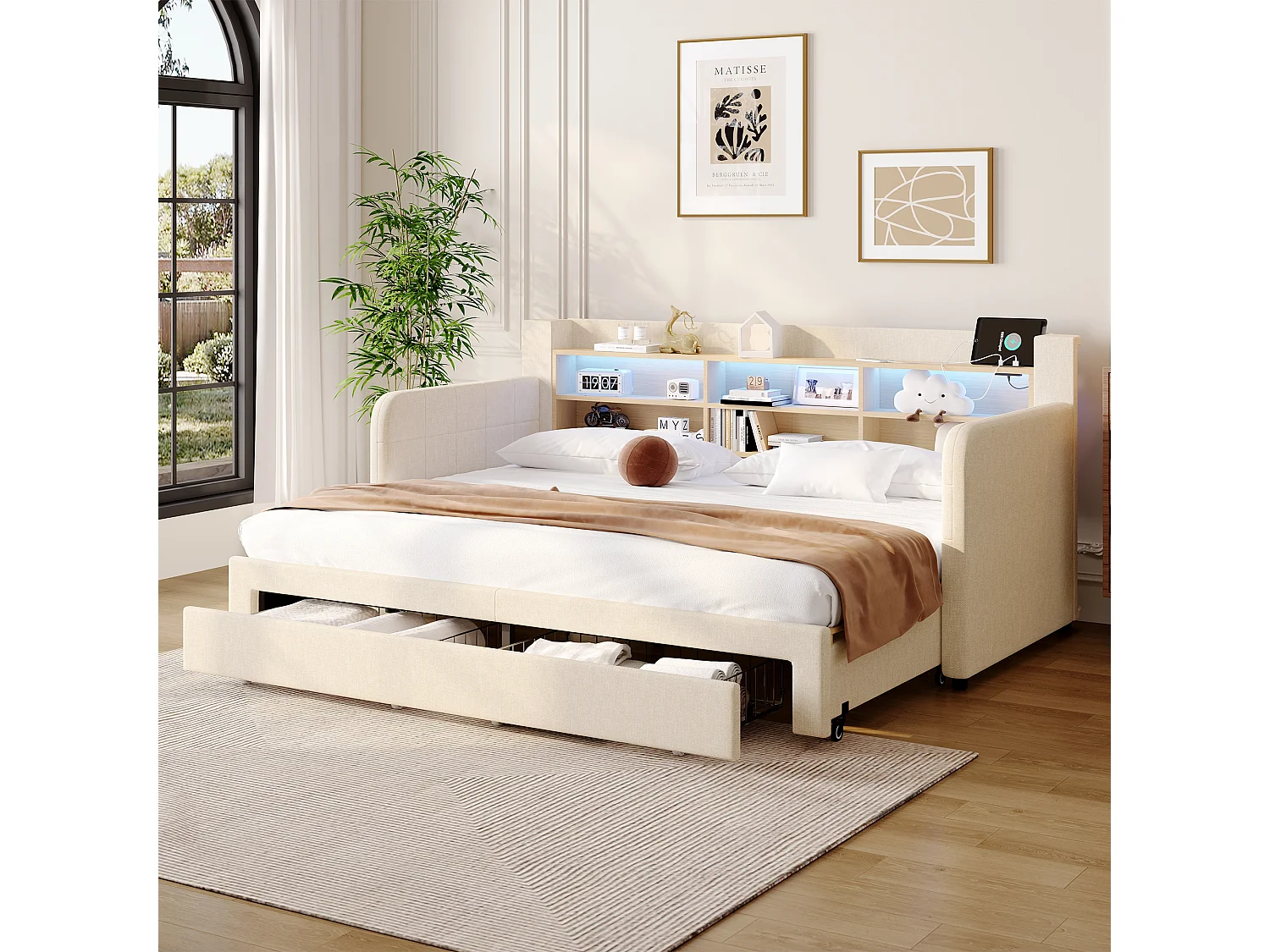 Polstret udtræksseng (90/180 x 200 cm) med LED-belysning, åben opbevaring og 2 skuffer – hør og MDF – beige (madras medfølger ikke)