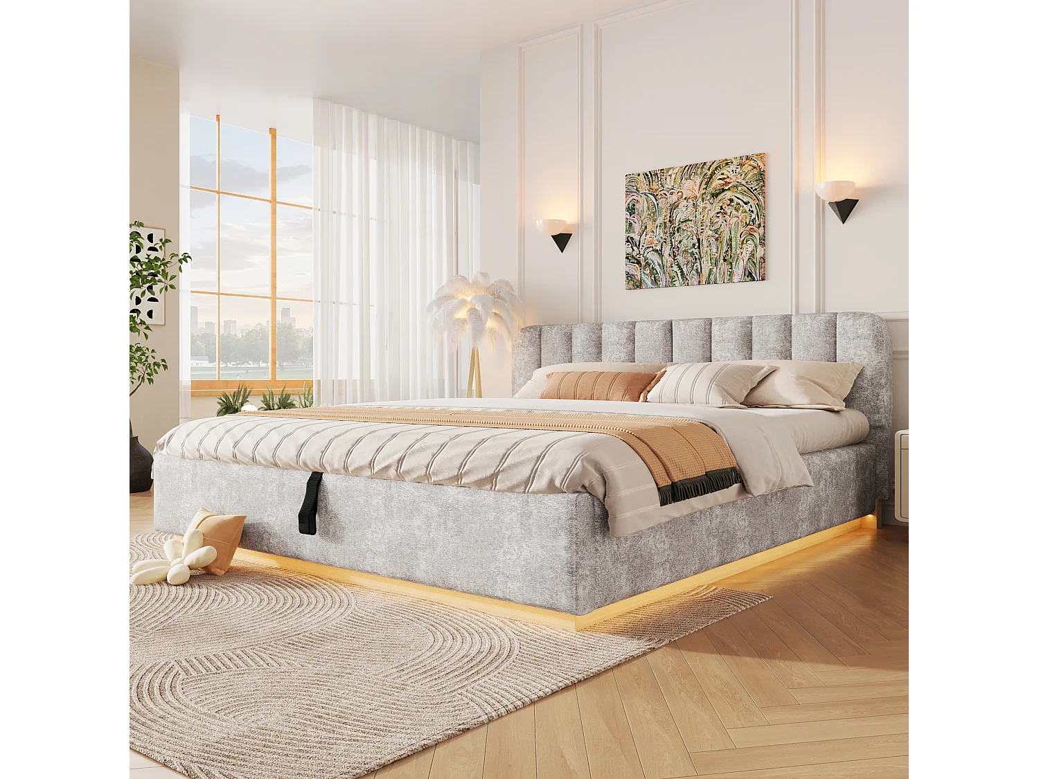 Gepolstertes Stauraumbett 180 x 200 cm mit LED-Beleuchtung und Kopfteil – Chenille und Sperrholz – Hellgrau (Matratze nicht im Lieferumfang enthalten)