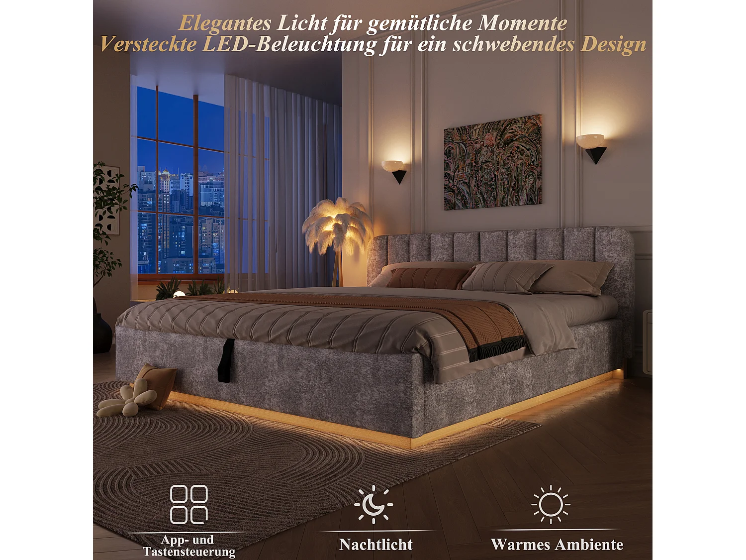 Gepolstertes Stauraumbett 180 x 200 cm mit LED-Beleuchtung und Kopfteil – Chenille und Sperrholz – Hellgrau (Matratze nicht im Lieferumfang enthalten)