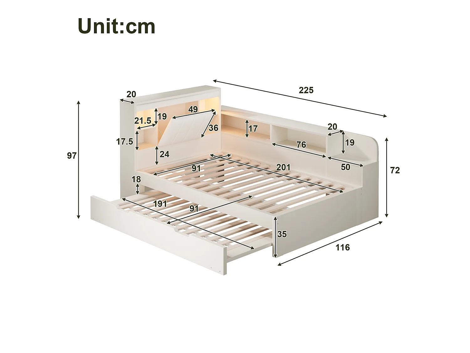 Canapé-lit 90x200cm - avec lit gigogne - avec liseuses et ports de charge USB - tête de lit rembourrée et espace de rangement - blanc (matelas non inclus)