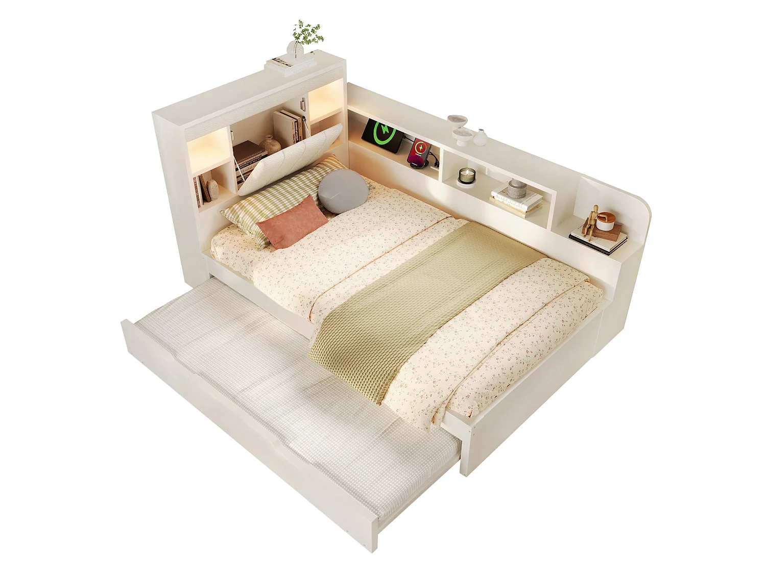 Canapé-lit 90x200cm - avec lit gigogne - avec liseuses et ports de charge USB - tête de lit rembourrée et espace de rangement - blanc (matelas non inclus)