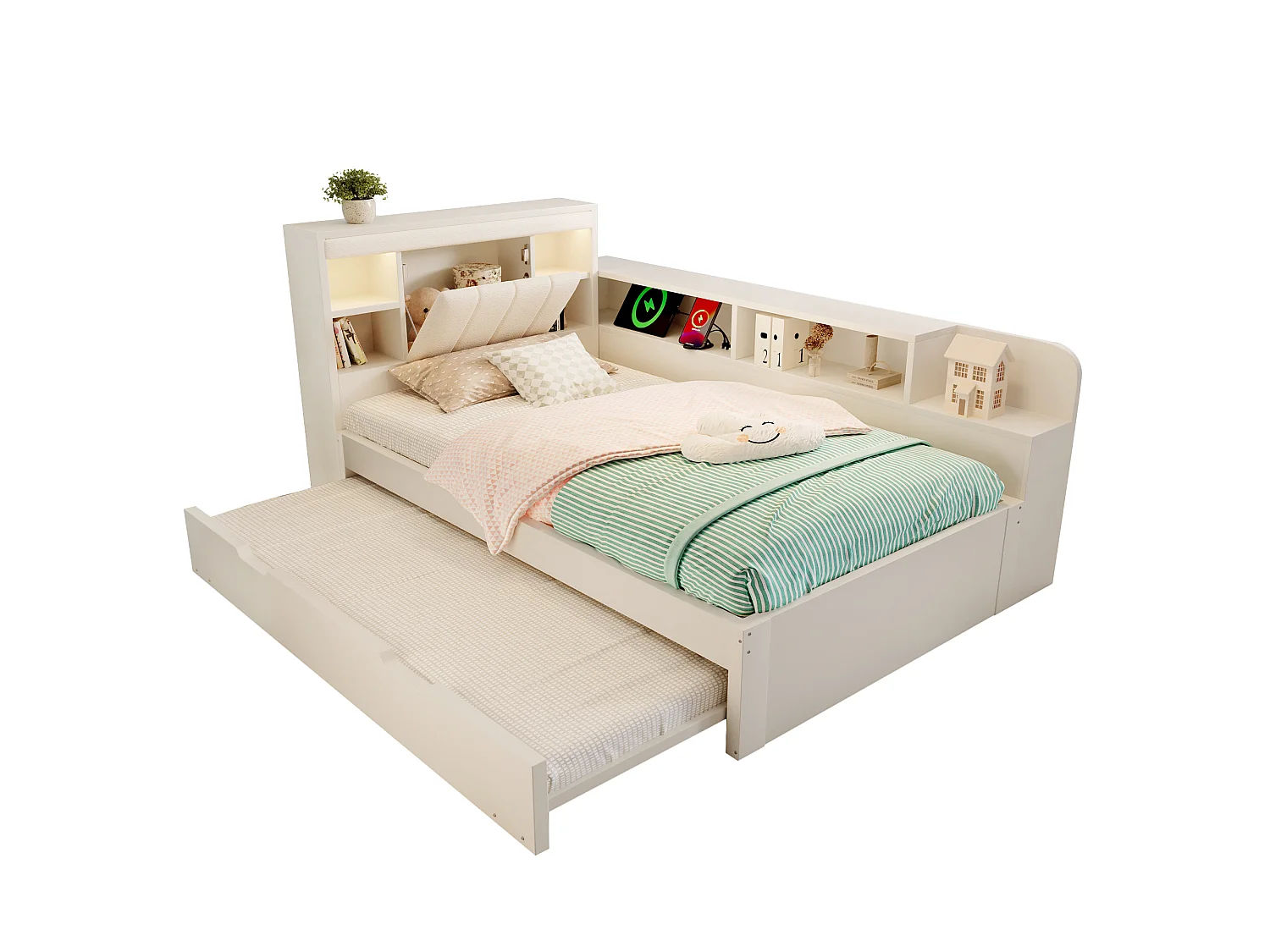 Canapé-lit 90x200cm - avec lit gigogne - avec liseuses et ports de charge USB - tête de lit rembourrée et espace de rangement - blanc (matelas non inclus)