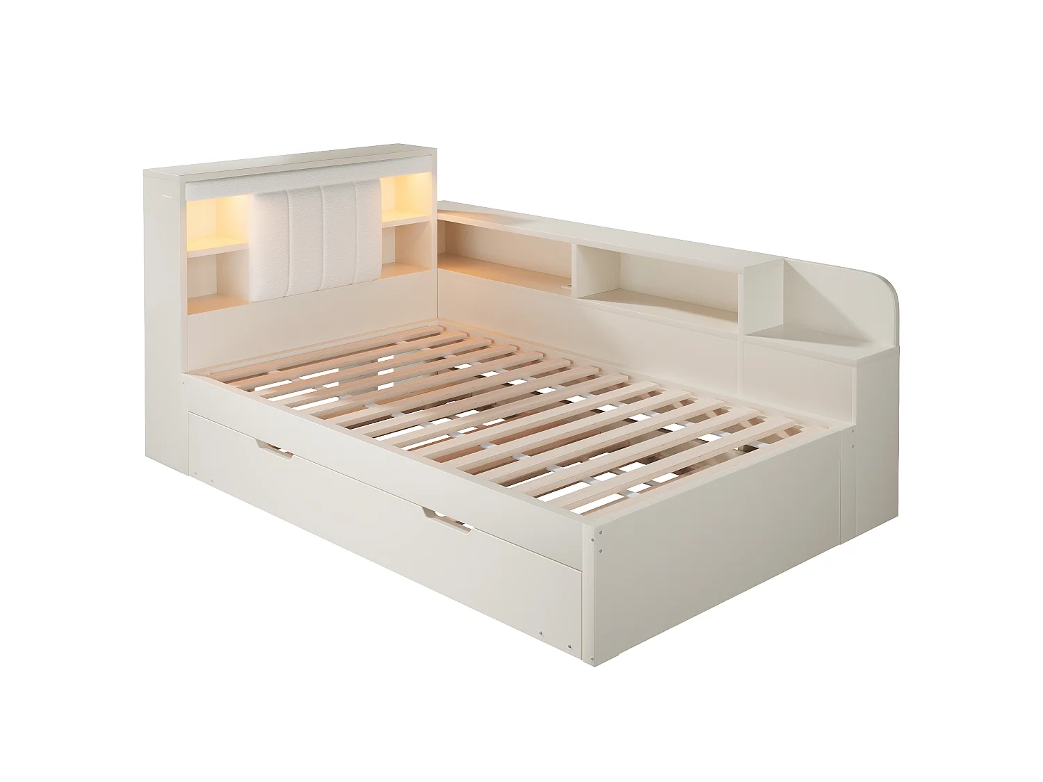 Canapé-lit 90x200cm - avec lit gigogne - avec liseuses et ports de charge USB - tête de lit rembourrée et espace de rangement - blanc (matelas non inclus)