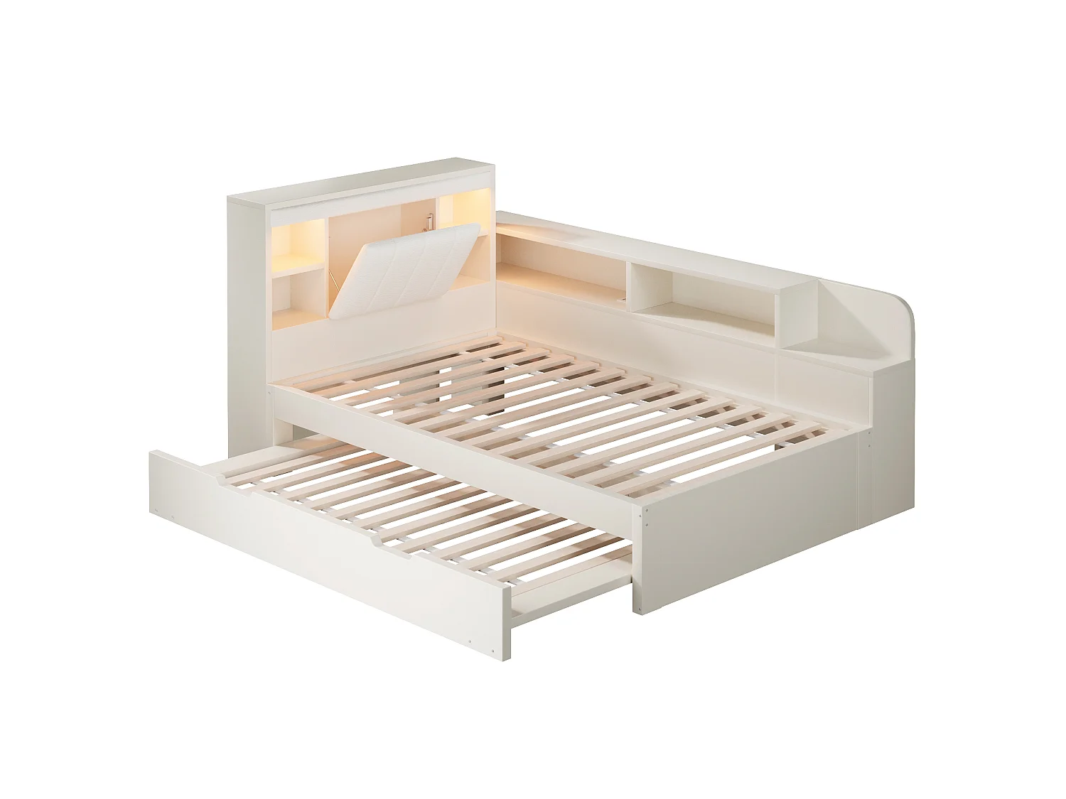 Canapé-lit 90x200cm - avec lit gigogne - avec liseuses et ports de charge USB - tête de lit rembourrée et espace de rangement - blanc (matelas non inclus)