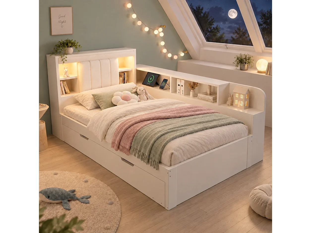 Canapé-lit 90x200cm - avec lit gigogne - avec liseuses et ports de charge USB - tête de lit rembourrée et espace de rangement - blanc (matelas non inclus)