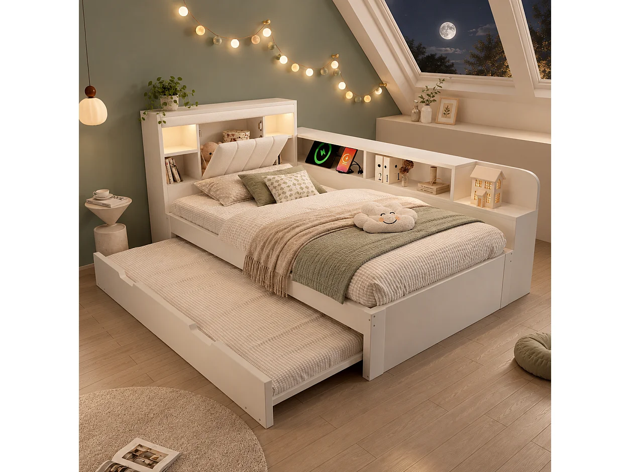 Canapé-lit 90x200cm - avec lit gigogne - avec liseuses et ports de charge USB - tête de lit rembourrée et espace de rangement - blanc (matelas non inclus)