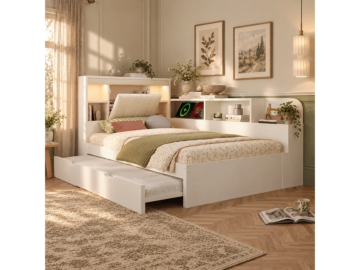 Canapé-lit 90x200cm - avec lit gigogne - avec liseuses et ports de charge USB - tête de lit rembourrée et espace de rangement - blanc (matelas non inclus)