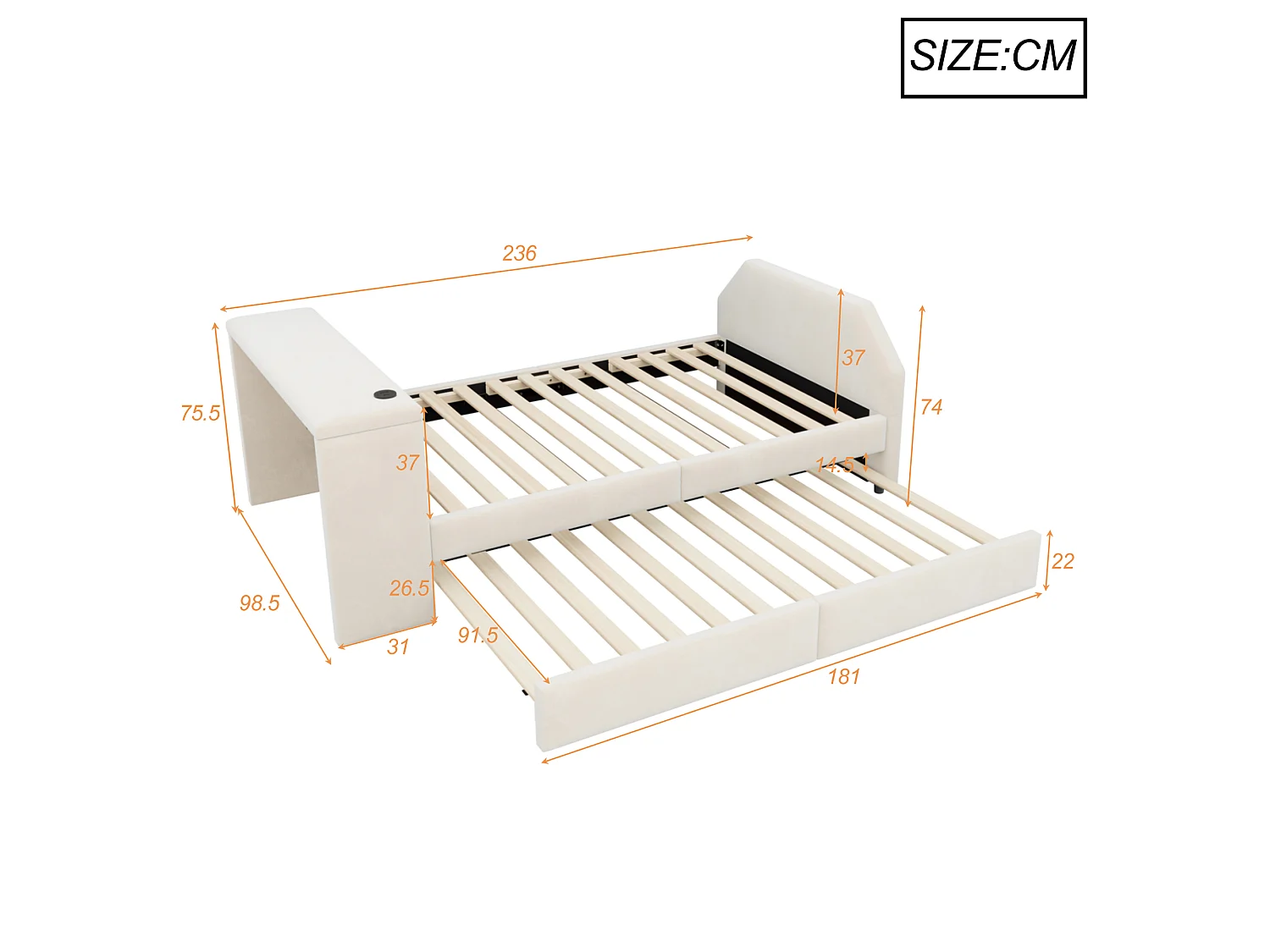 Padded child bed 90x200 cm – with USB charging port – with trundle bed – Velvet – beige (mattress not included)
