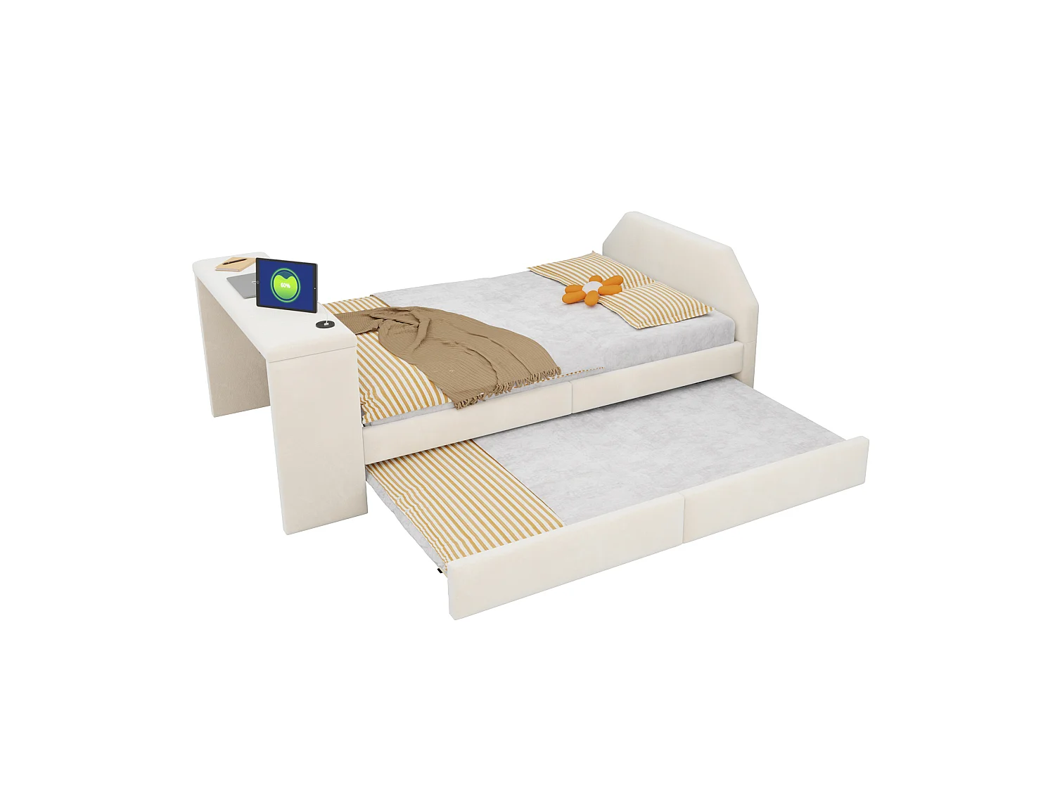 Padded child bed 90x200 cm – with USB charging port – with trundle bed – Velvet – beige (mattress not included)