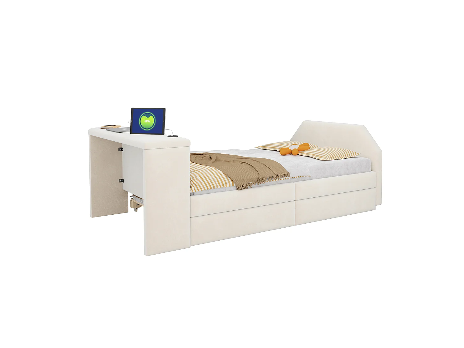 Padded child bed 90x200 cm – with USB charging port – with trundle bed – Velvet – beige (mattress not included)