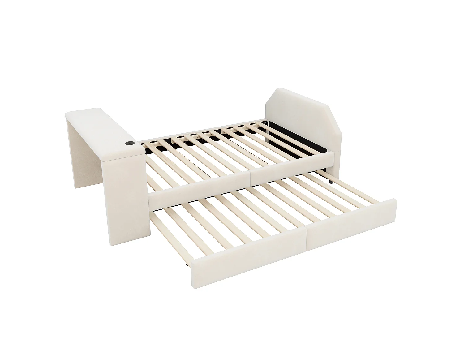 Padded child bed 90x200 cm – with USB charging port – with trundle bed – Velvet – beige (mattress not included)