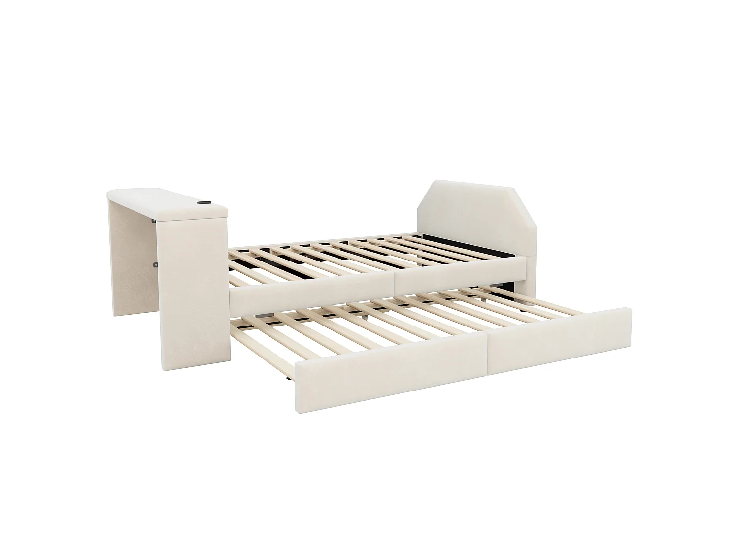 Padded child bed 90x200 cm – with USB charging port – with trundle bed – Velvet – beige (mattress not included)