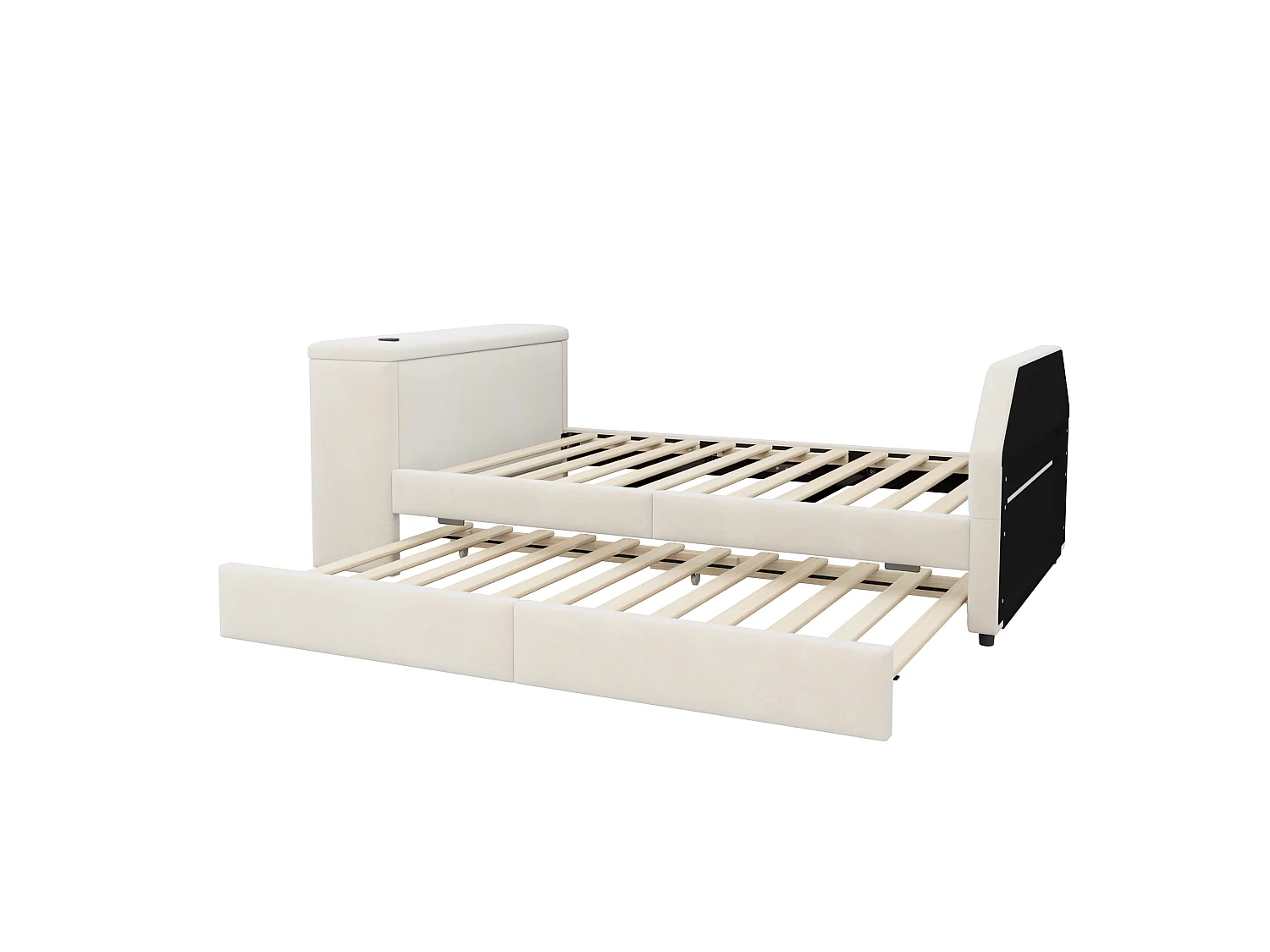 Padded child bed 90x200 cm – with USB charging port – with trundle bed – Velvet – beige (mattress not included)