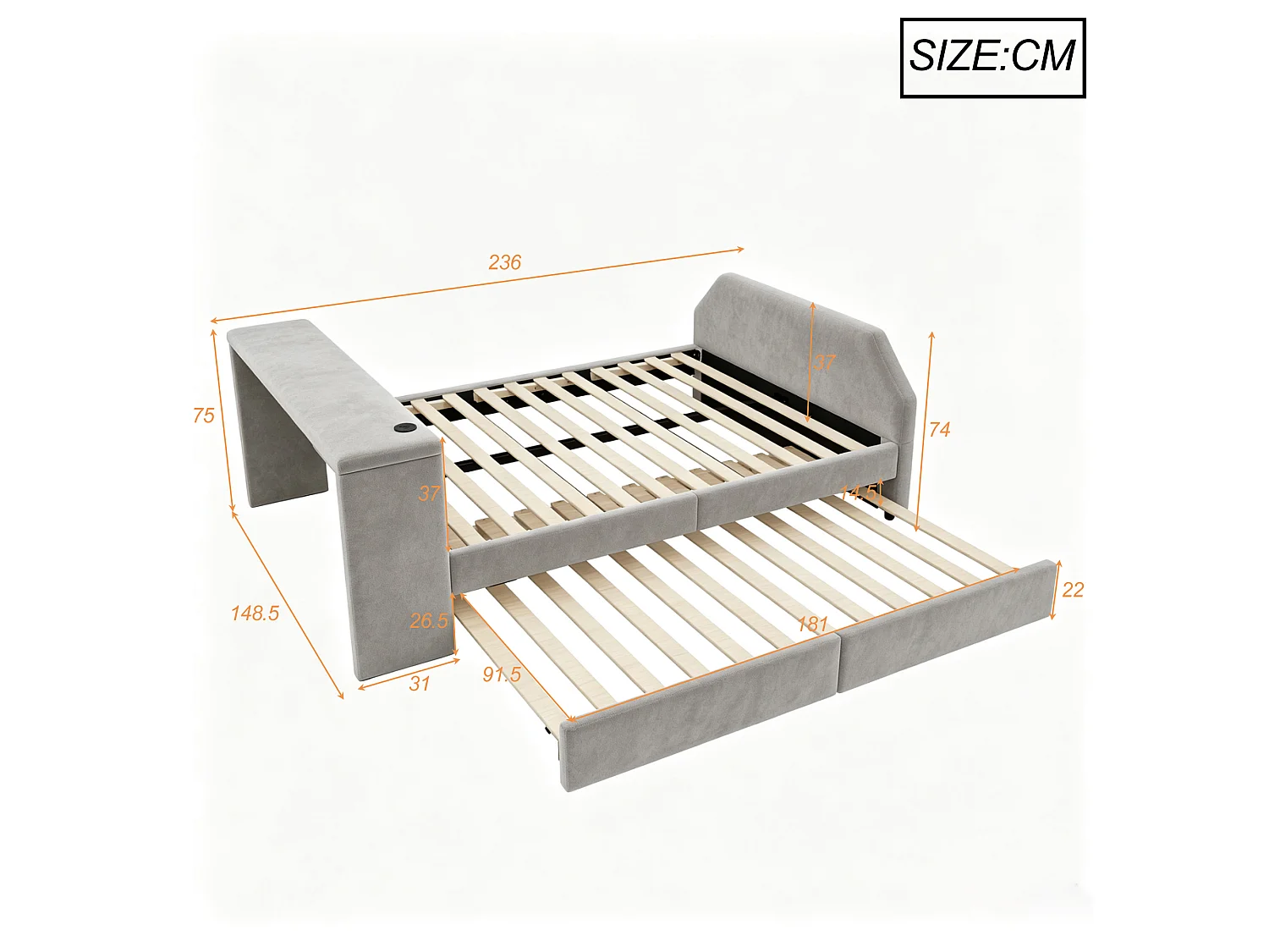 Upholstered children's bed 140x200 cm – with USB charging port – with trundle bed – Velvet – Gray (mattress not included)