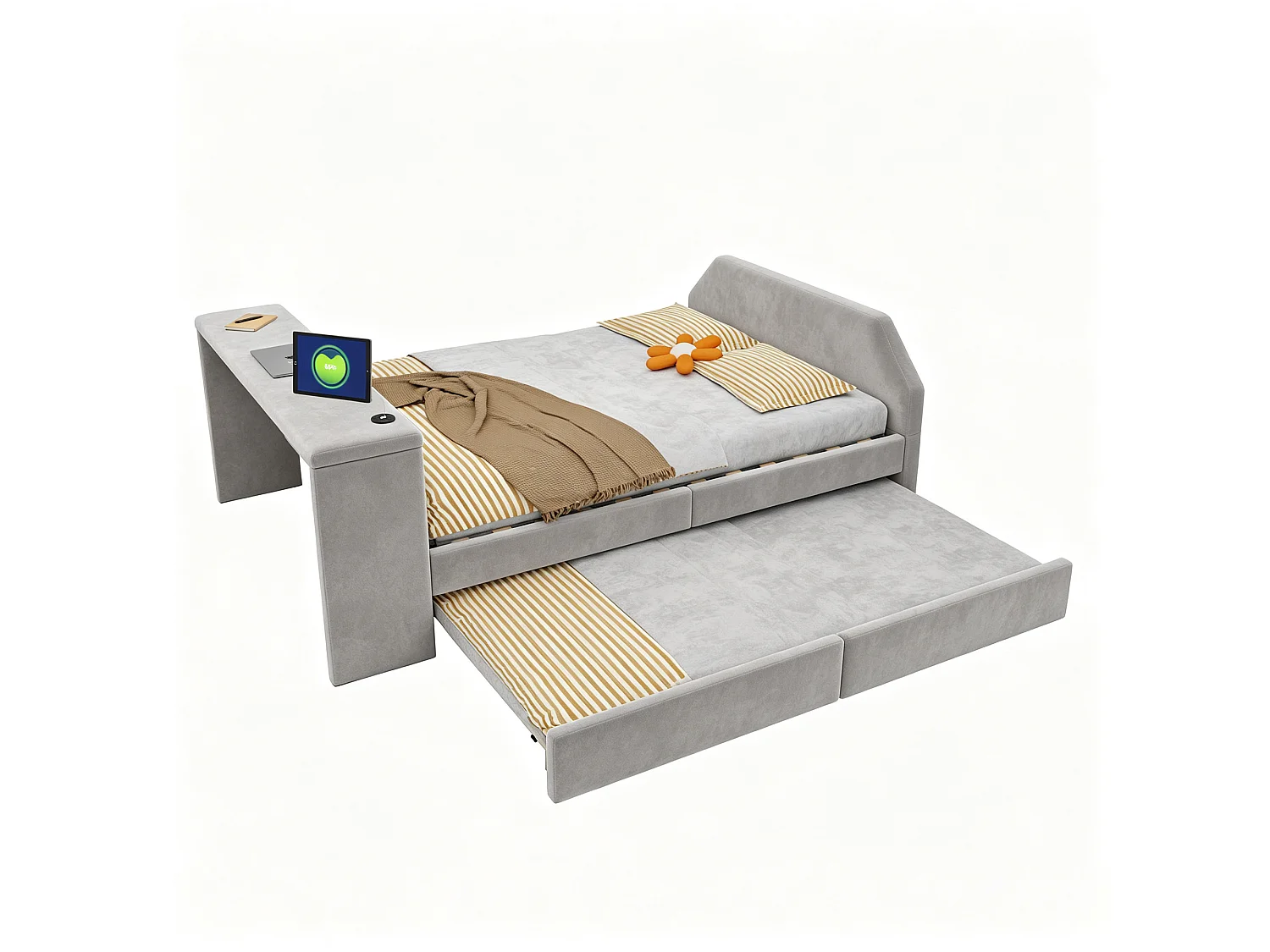 Upholstered children's bed 140x200 cm – with USB charging port – with trundle bed – Velvet – Gray (mattress not included)